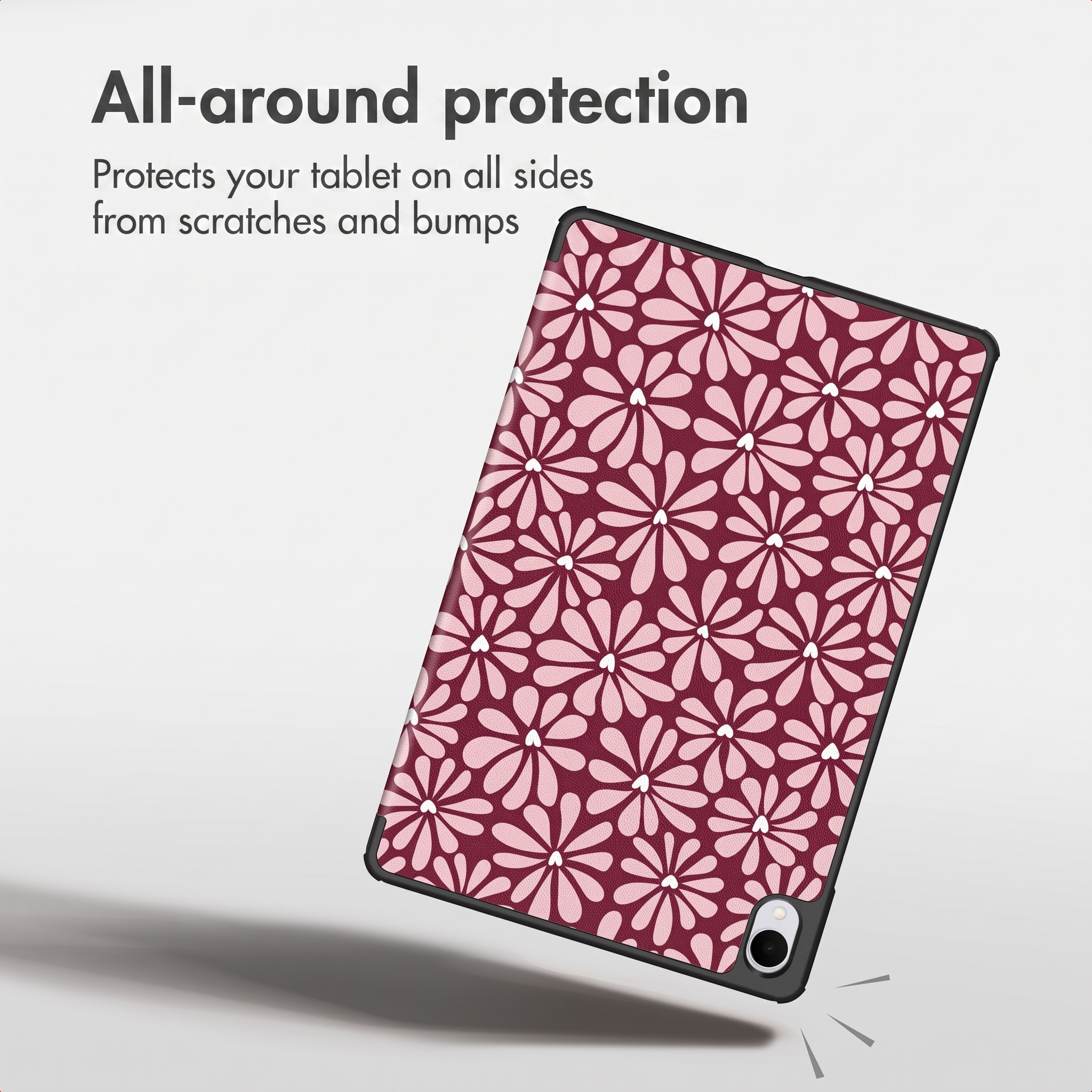 A tablet case with pink and dark red floral pattern, featuring text advertising all-around protection.