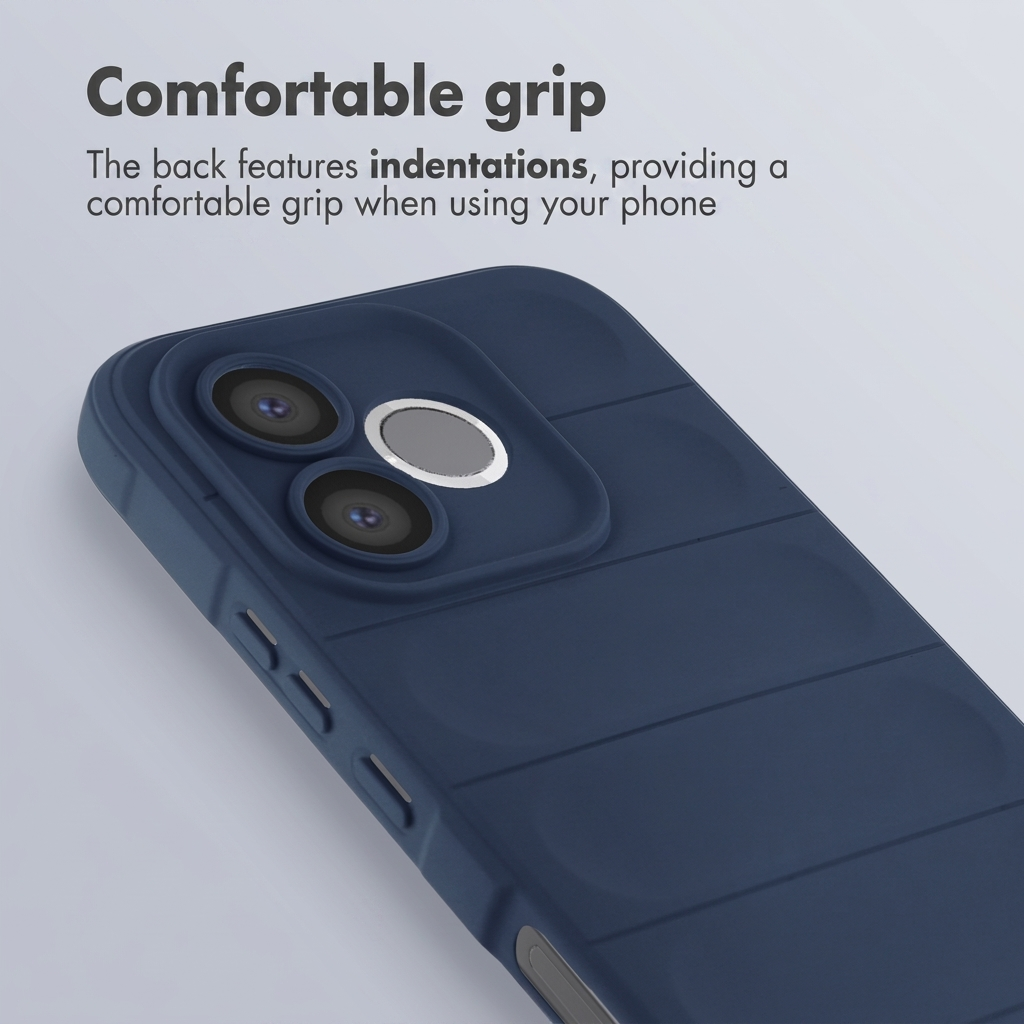 Blauwe telefoonhoes met camera en tekst over comfortabele grip.