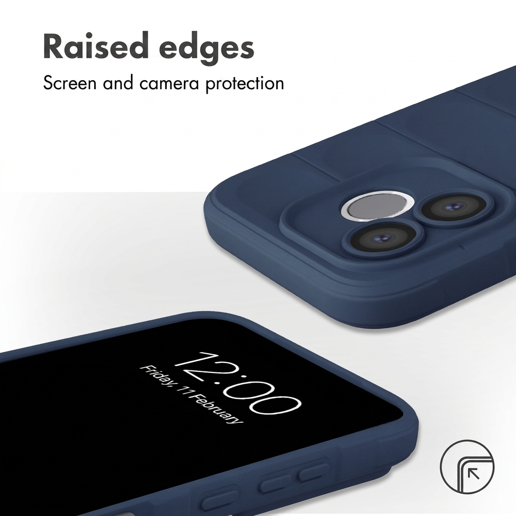 Blauwe smartphonehoes met verhoogde randen ter bescherming van scherm en camera.