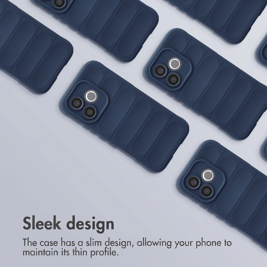 Meerdere donkerblauwe gewatteerde telefoonhoesjes op een lichte achtergrond met tekst.