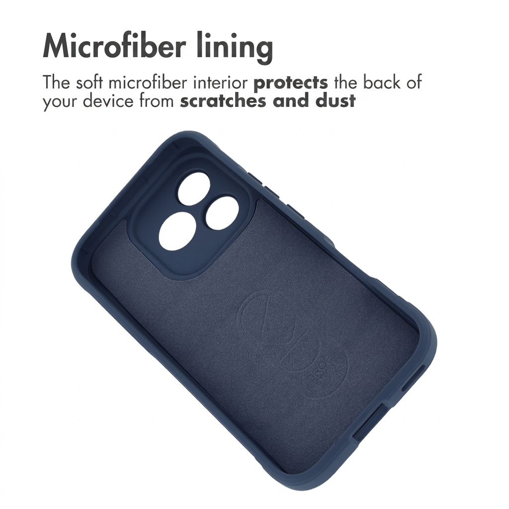 Blauwe telefoonhoes met zachte microvezel binnenvoering en tekst daarboven.