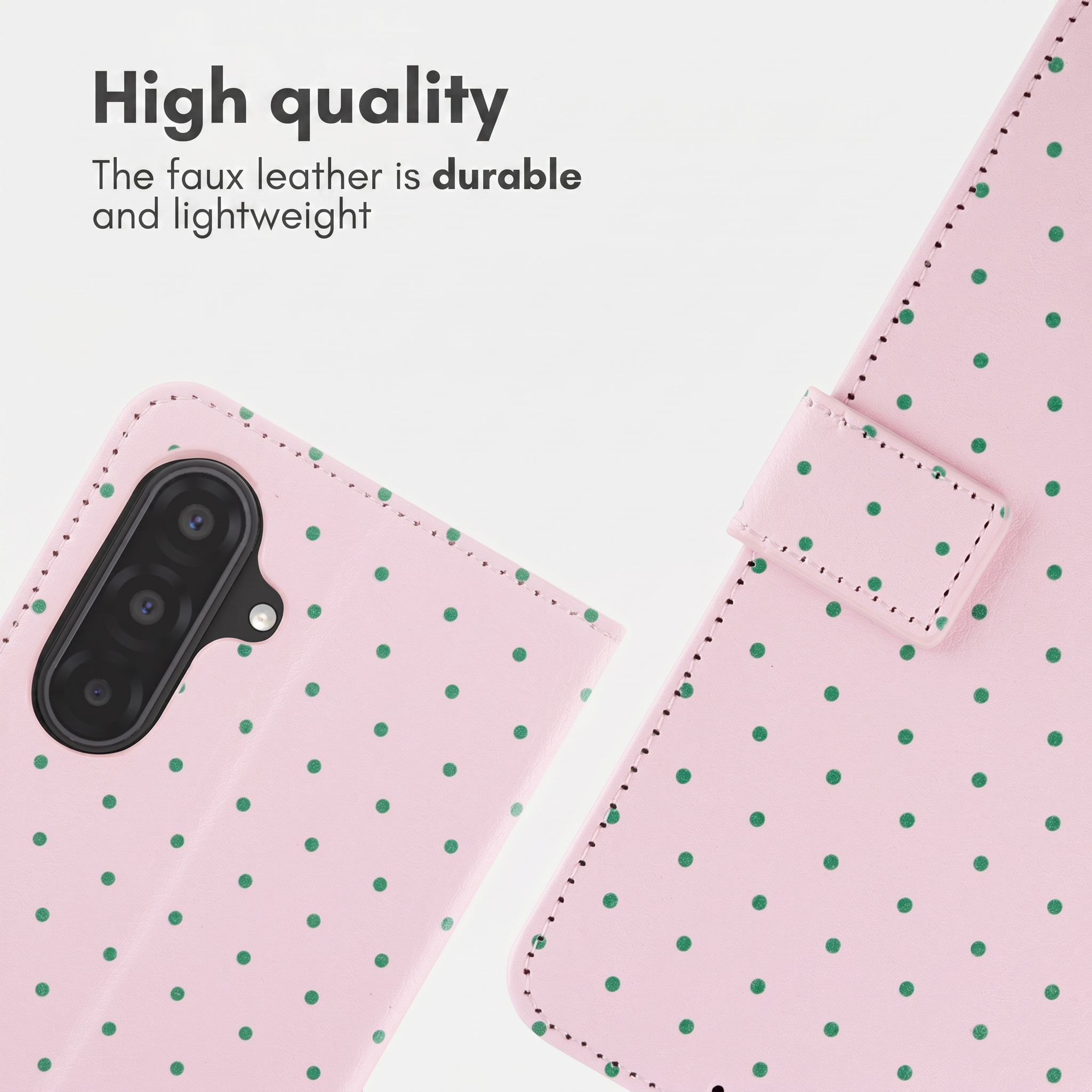 Roze kunstleren telefoonhoesje met groene stippen en camera.