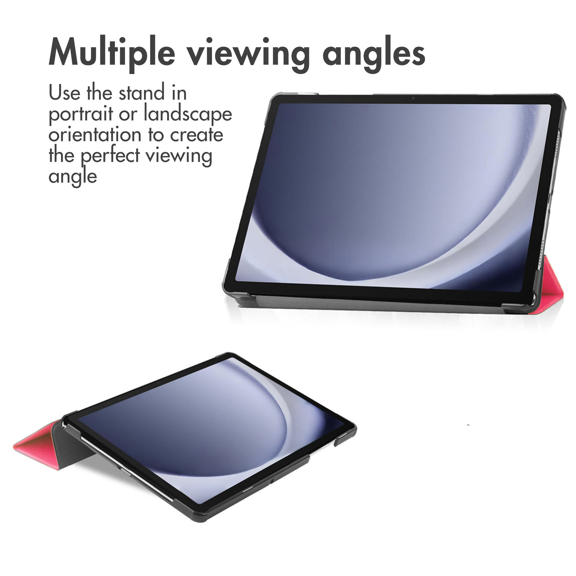 Tablet in a pink and black protective case with an integrated stand for multiple viewing angles.