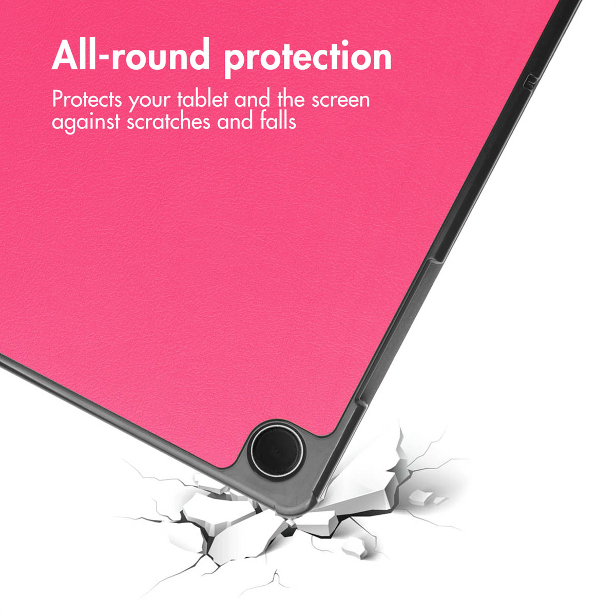 Pink tablet case over a cracked white surface with text All-round protection.
