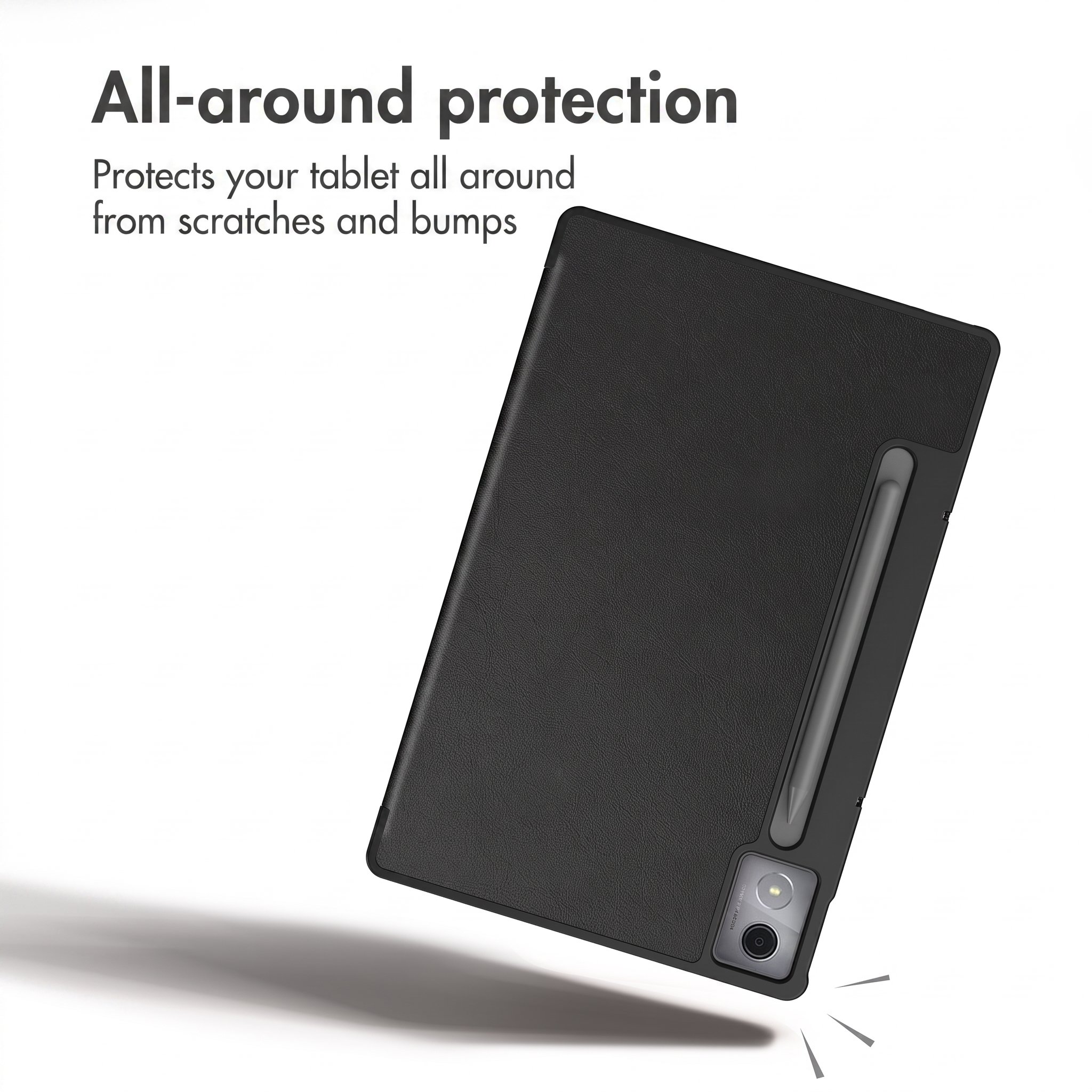 A black tablet case with a stylus slot and camera cutout against a white background, featuring protective text.