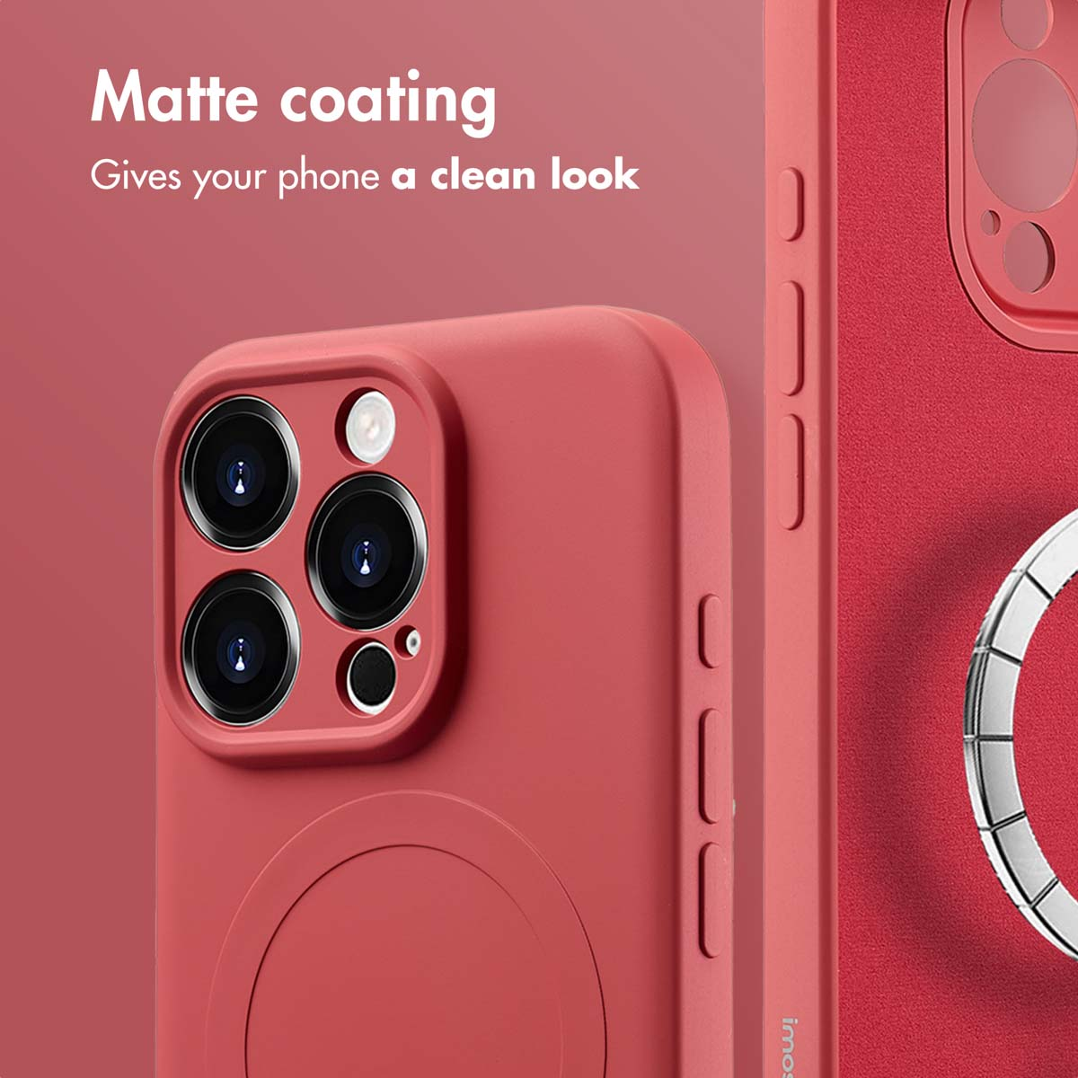 Coque de smartphone rouge avec revêtement mat, trois objectifs de caméra et du texte en arrière-plan.