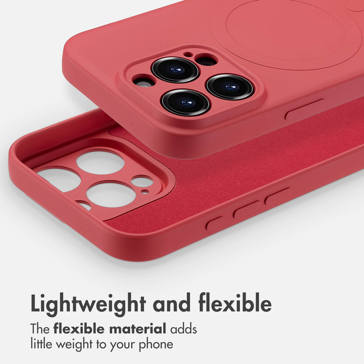 Coque de téléphone en silicone rouge avec doublure intérieure douce et découpes précises pour l'appareil photo.
