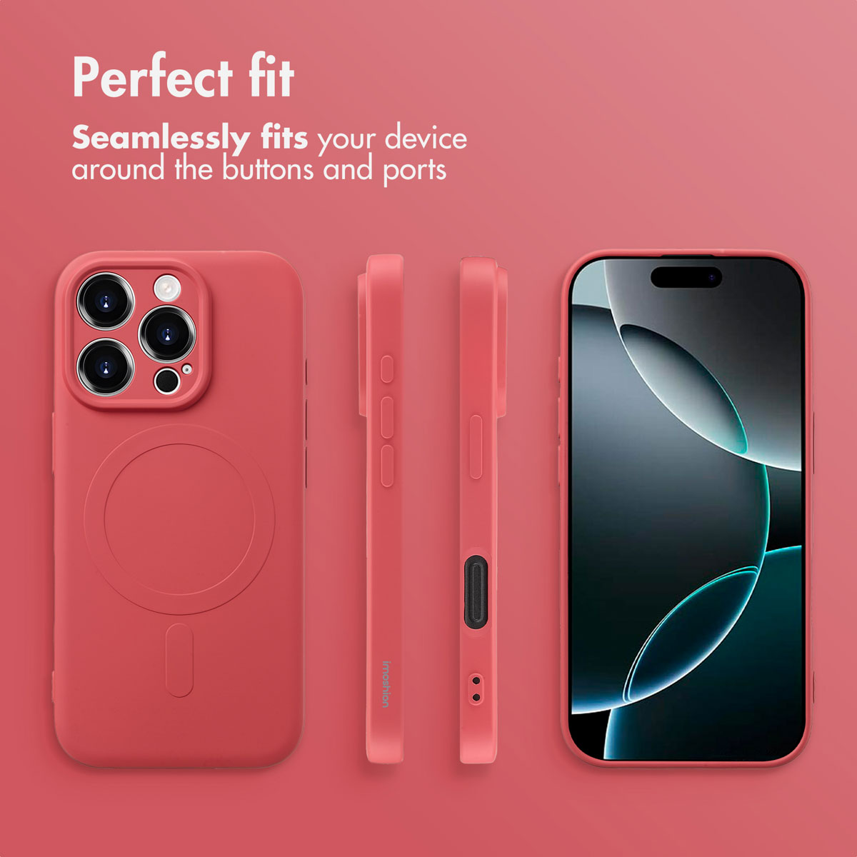 Coque de smartphone rose sous différents angles avec texte pour un ajustement parfait sur fond rouge.