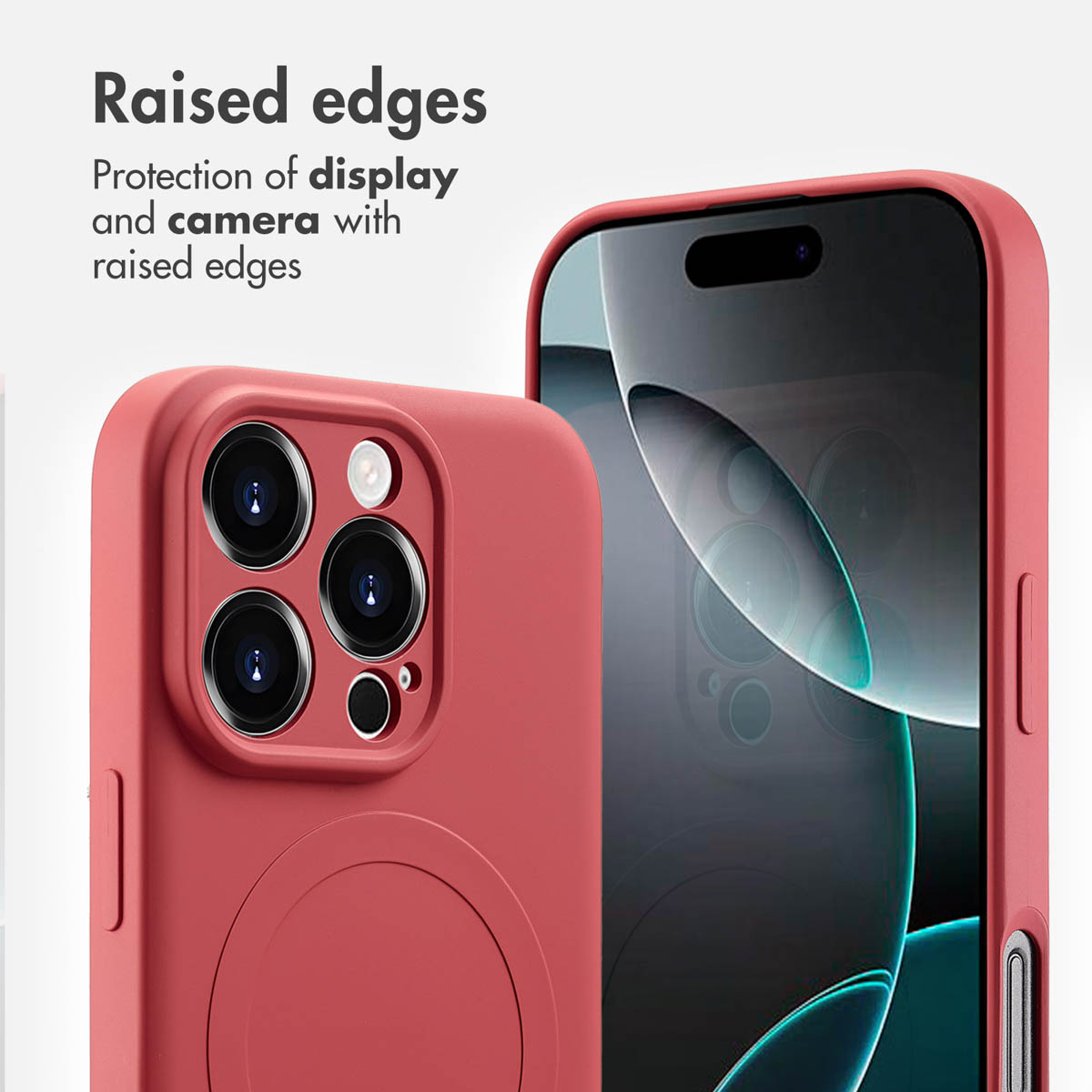 Coque de smartphone rouge avec bords surélevés protégeant l'écran et la caméra.