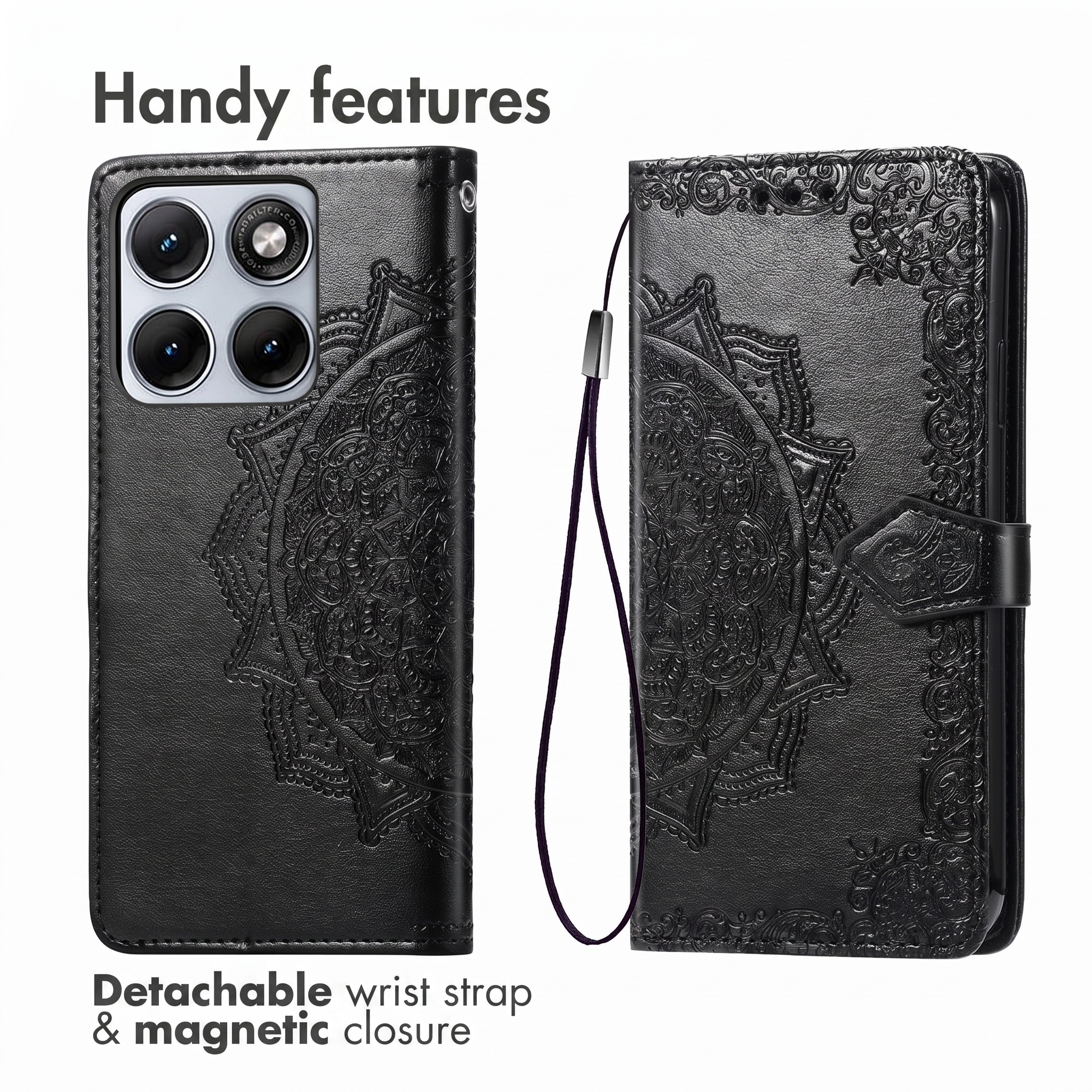Funda de móvil de cuero negro con grabado de mandala, correa y cierre magnético.