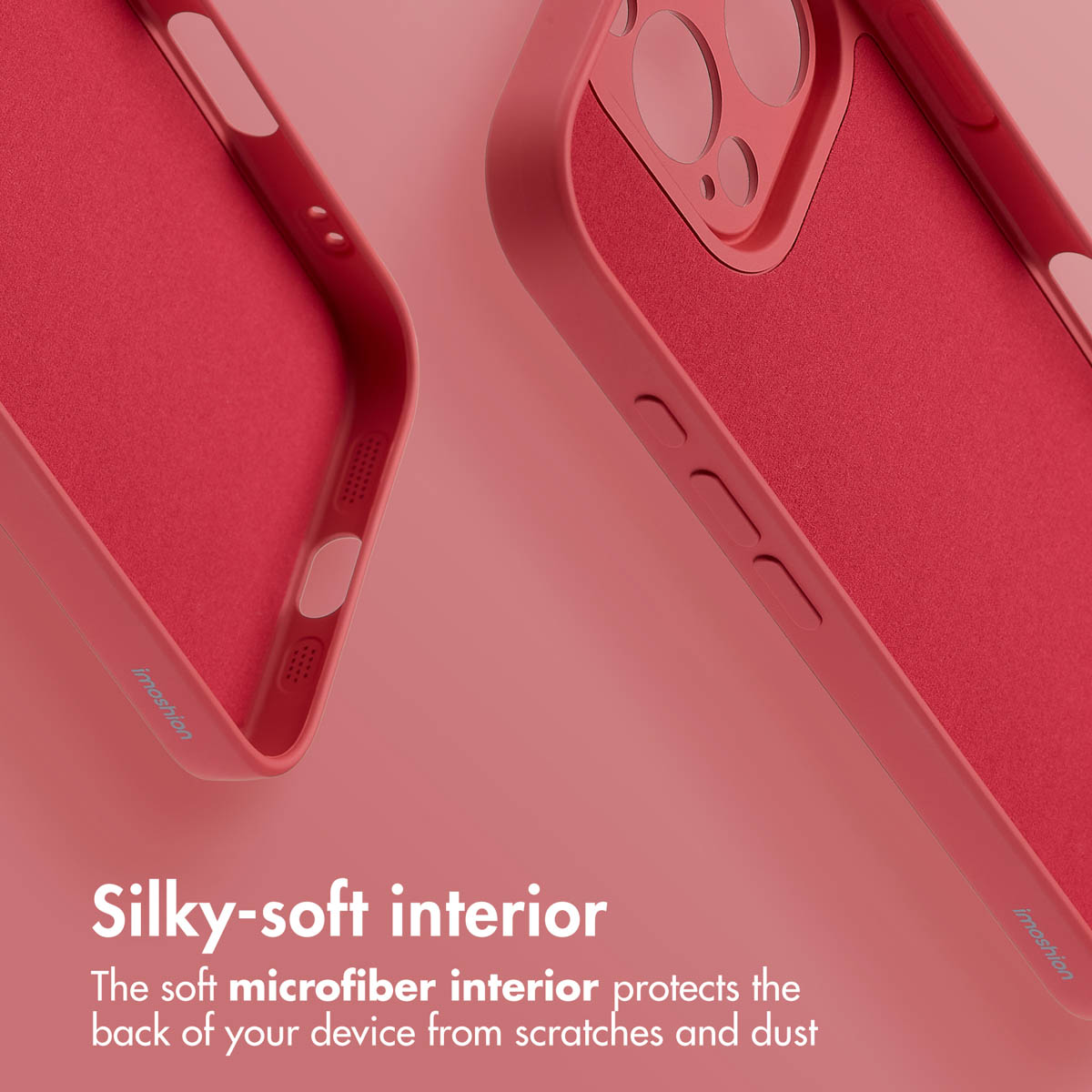Deux coques rouges sur fond rose montrent l'intérieur en microfibre douce et les boutons.