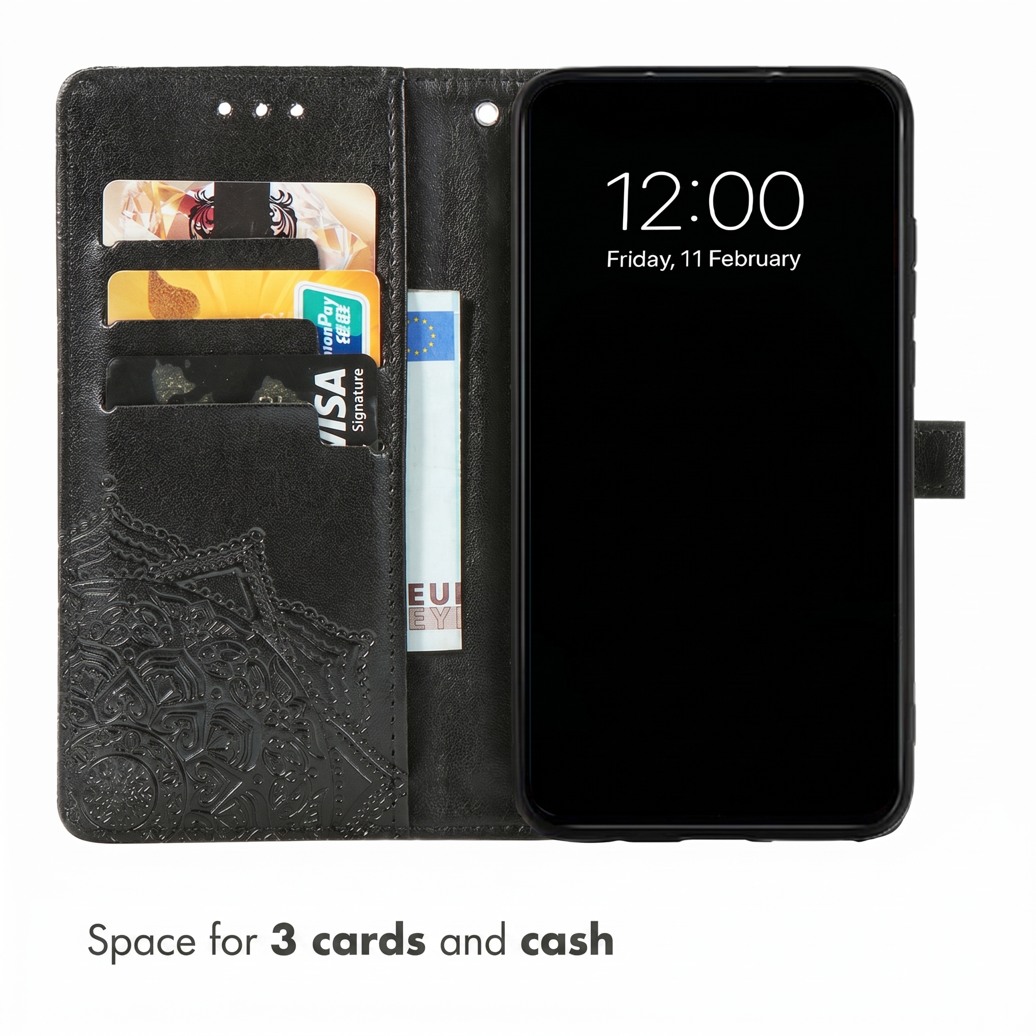 Funda de cuero negro para smartphone con tres ranuras para tarjetas y un bolsillo para billetes.