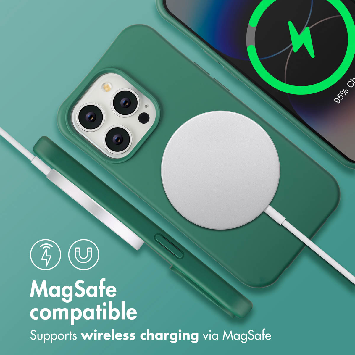 Eine grüne MagSafe-Handyhülle mit einem kabellosen Ladegerät und einem Handy mit Ladebildschirm.