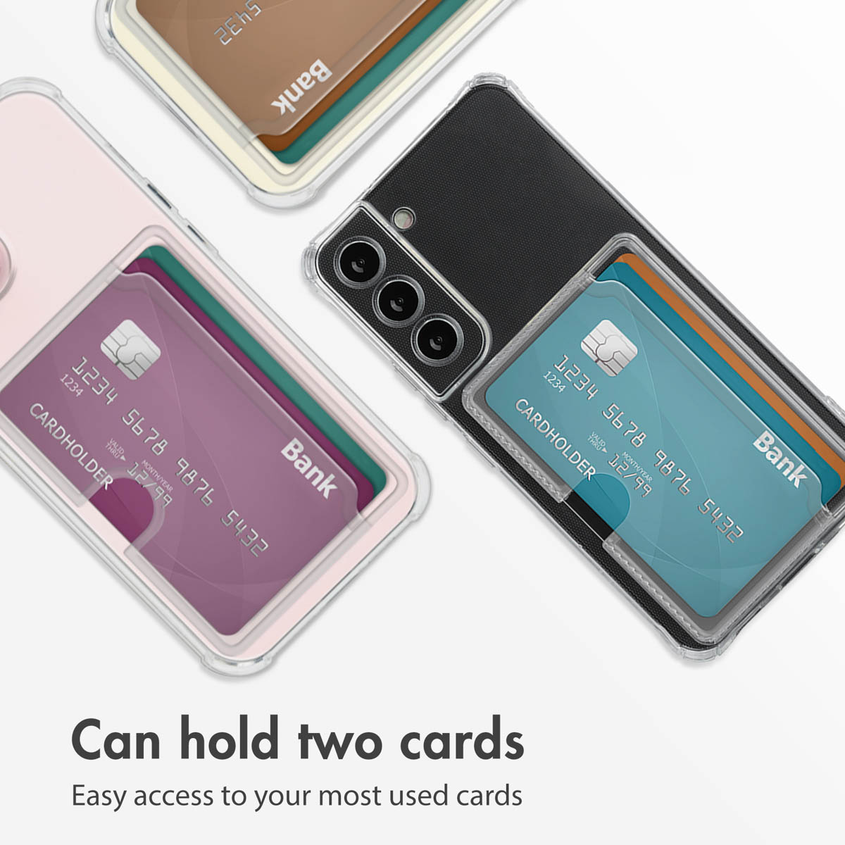 Trois smartphones avec des coques porte-cartes montrant des cartes bancaires insérées.