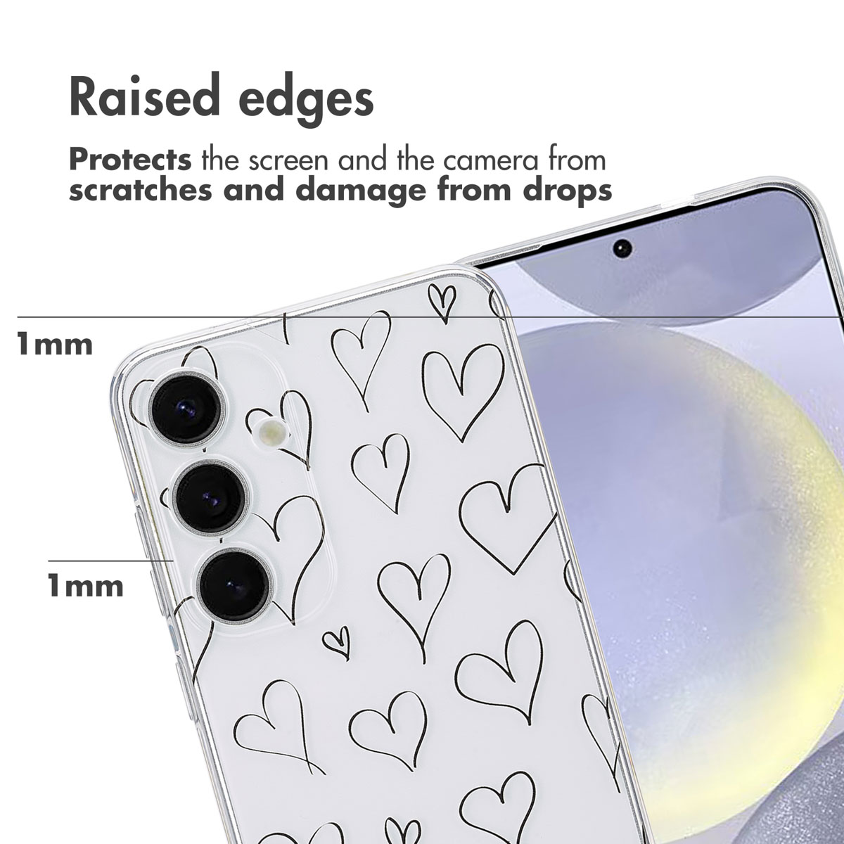 Eine transparente Hülle mit schwarzen Herzen und 1mm erhöhtem Rand für Kamera- und Bildschirmschutz.