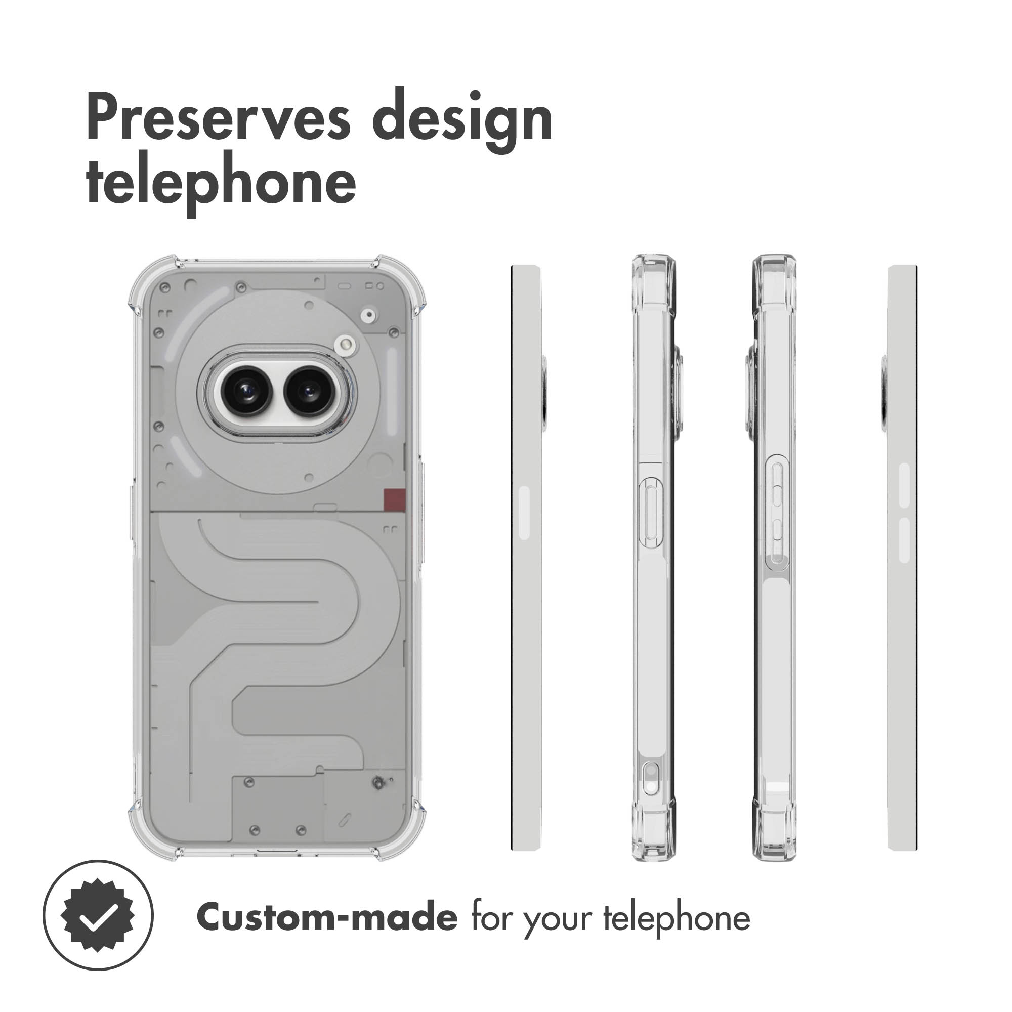 Custodia per telefono trasparente con ritagli per fotocamere e pulsanti, da più angolazioni.