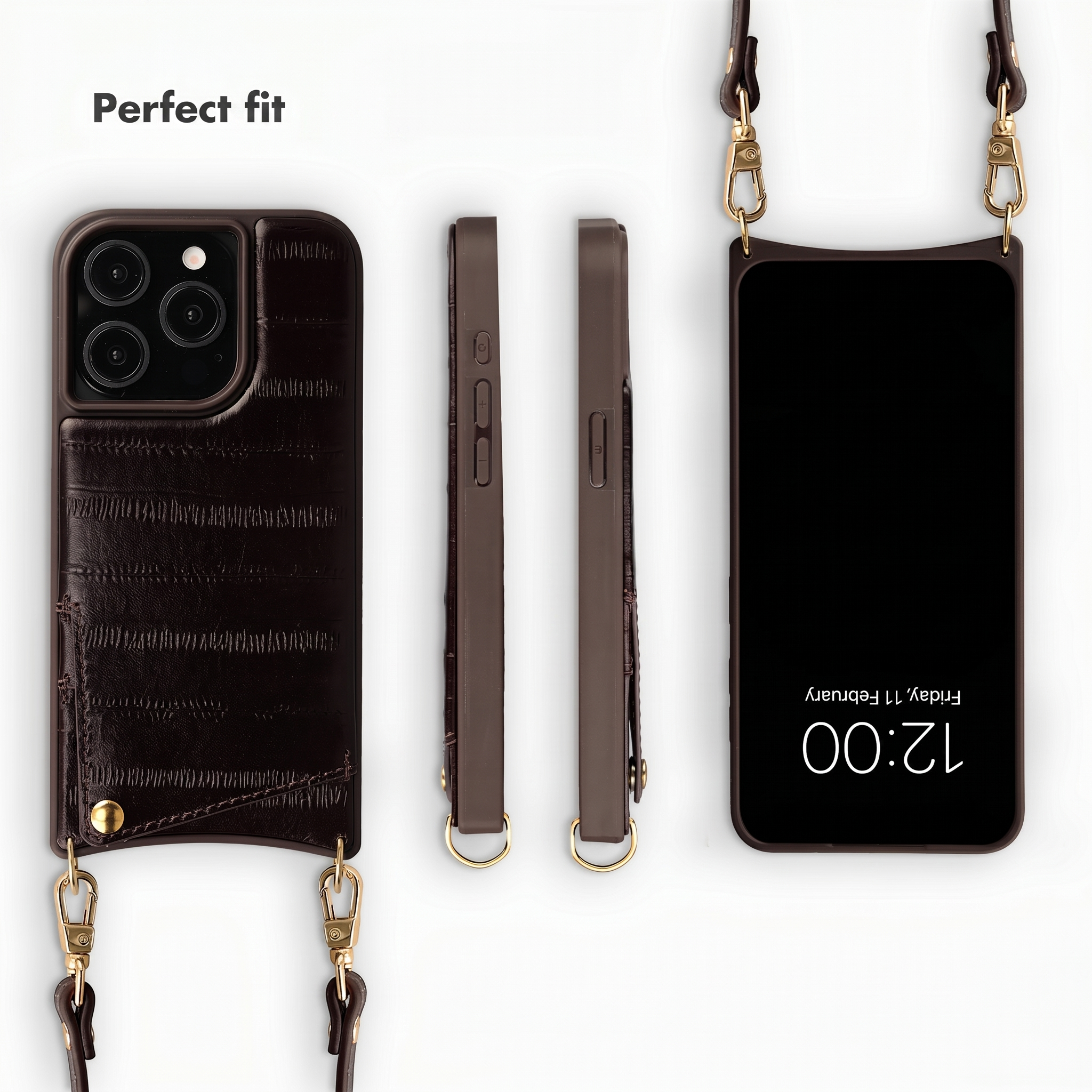 Coque de téléphone en cuir marron effet crocodile avec porte-carte et lanière sous plusieurs angles sur fond blanc.