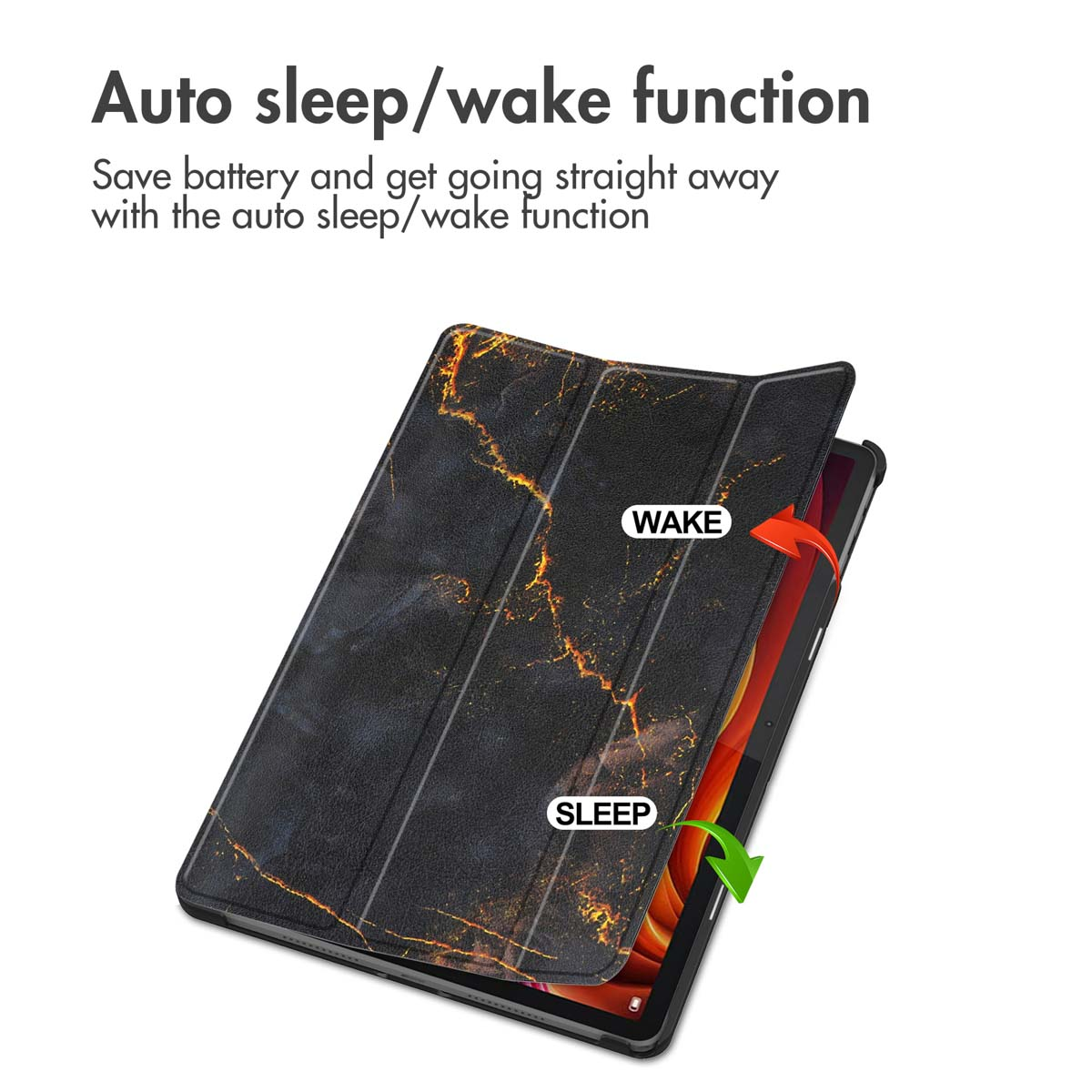 Tablette dans un étui en marbre noir montrant la fonction veille et réveil avec des flèches.