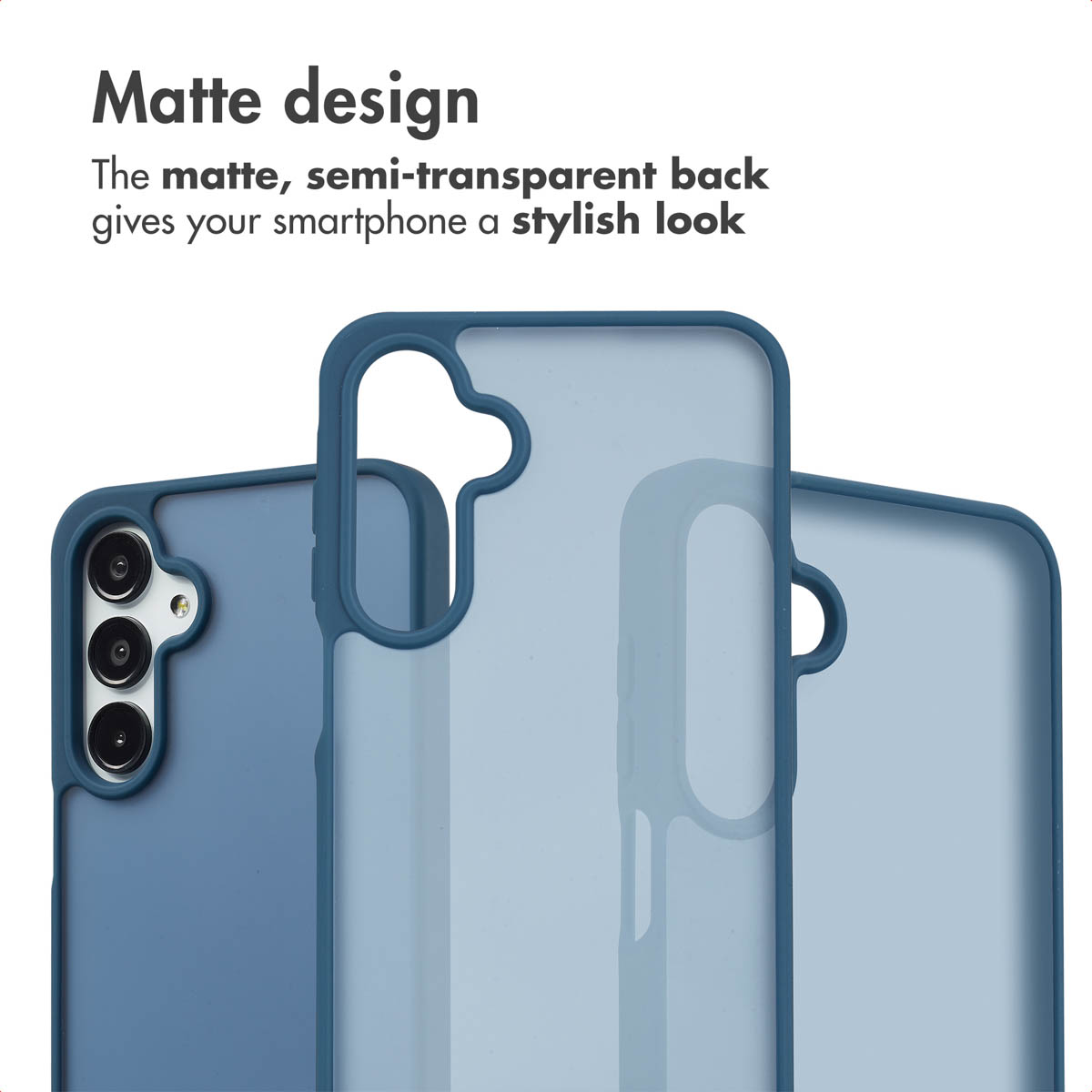 Drie blauwe, matte en halfdoorzichtige telefoonhoesjes.