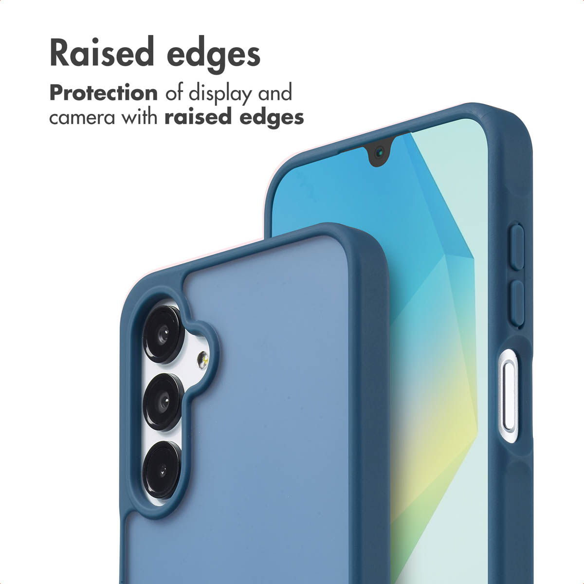 Blauwe smartphonehoes met verhoogde randen ter bescherming van scherm en camera.