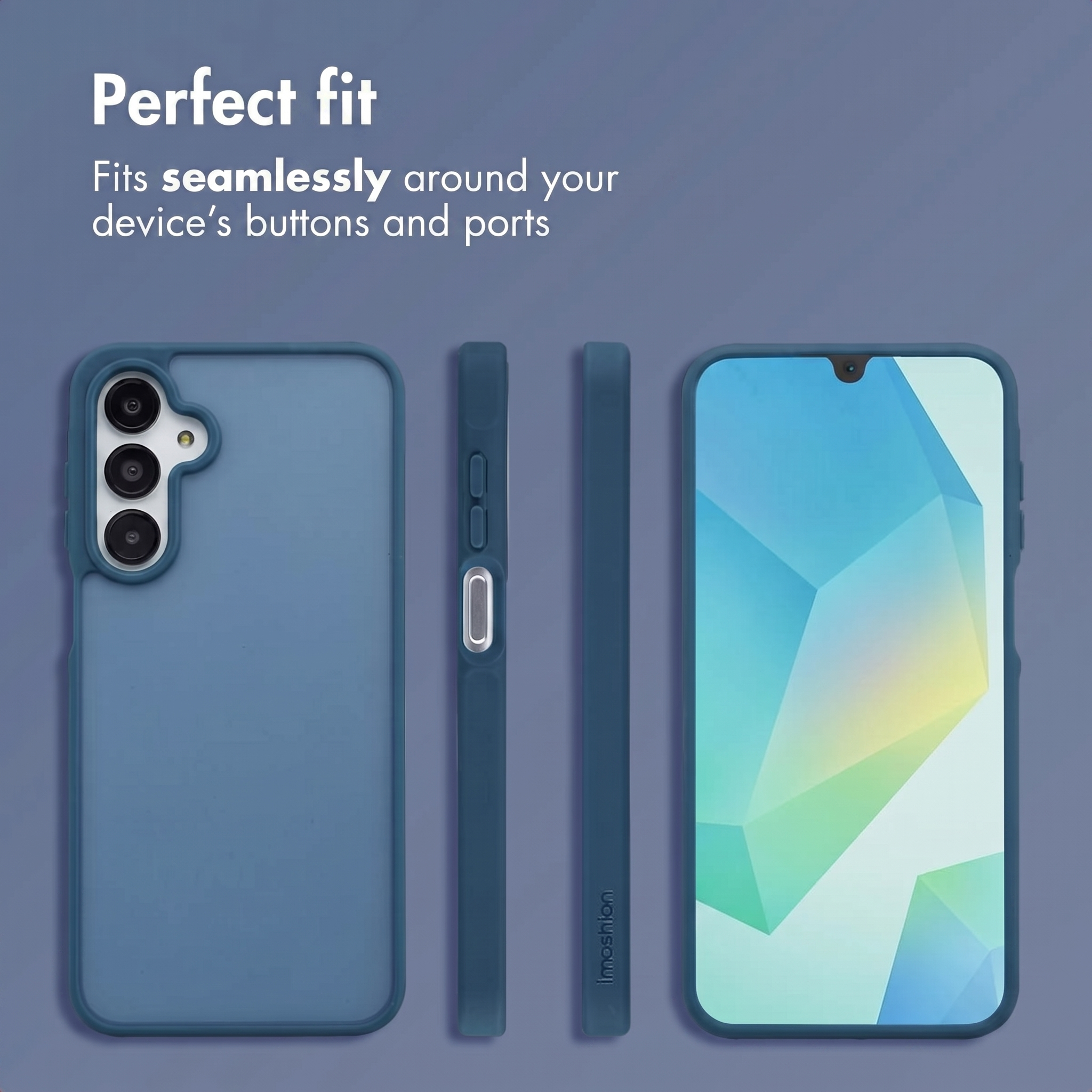 Een blauw smartphonehoesje vanuit meerdere hoeken getoond met een blauwe telefoon tegen een grijze achtergrond.