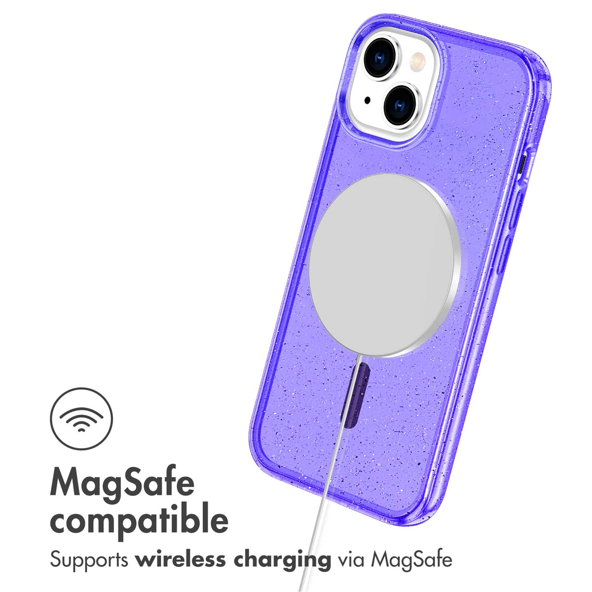 Custodia per telefono viola glitterata compatibile con MagSafe e cavo di ricarica bianco.