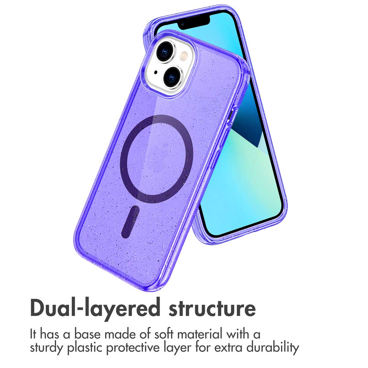 Custodia per smartphone viola con anello Magsafe e design brillante.