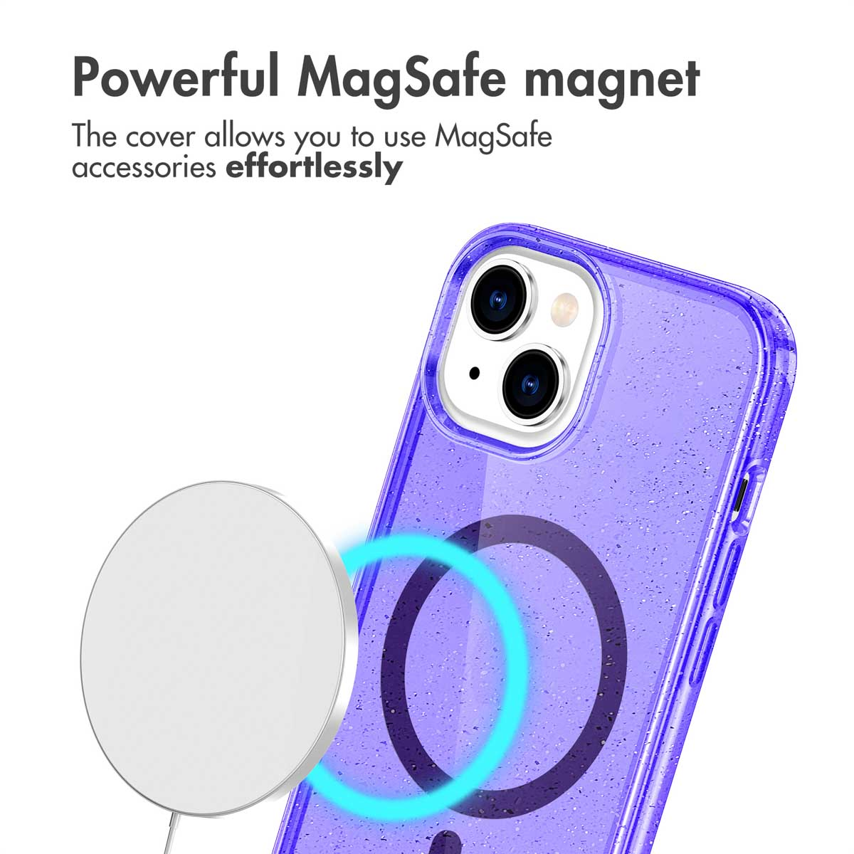Custodia viola per smartphone con anello MagSafe e caricatore bianco.