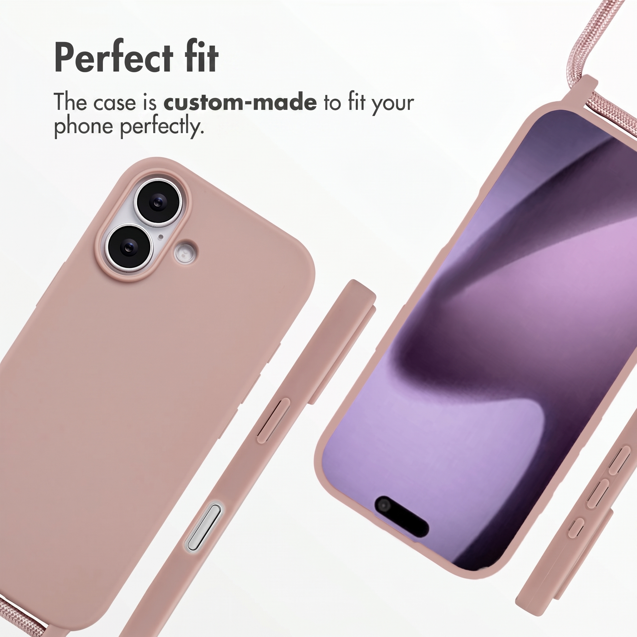 Cover per cellulare rosa con laccio e testo Perfect fit su sfondo bianco.