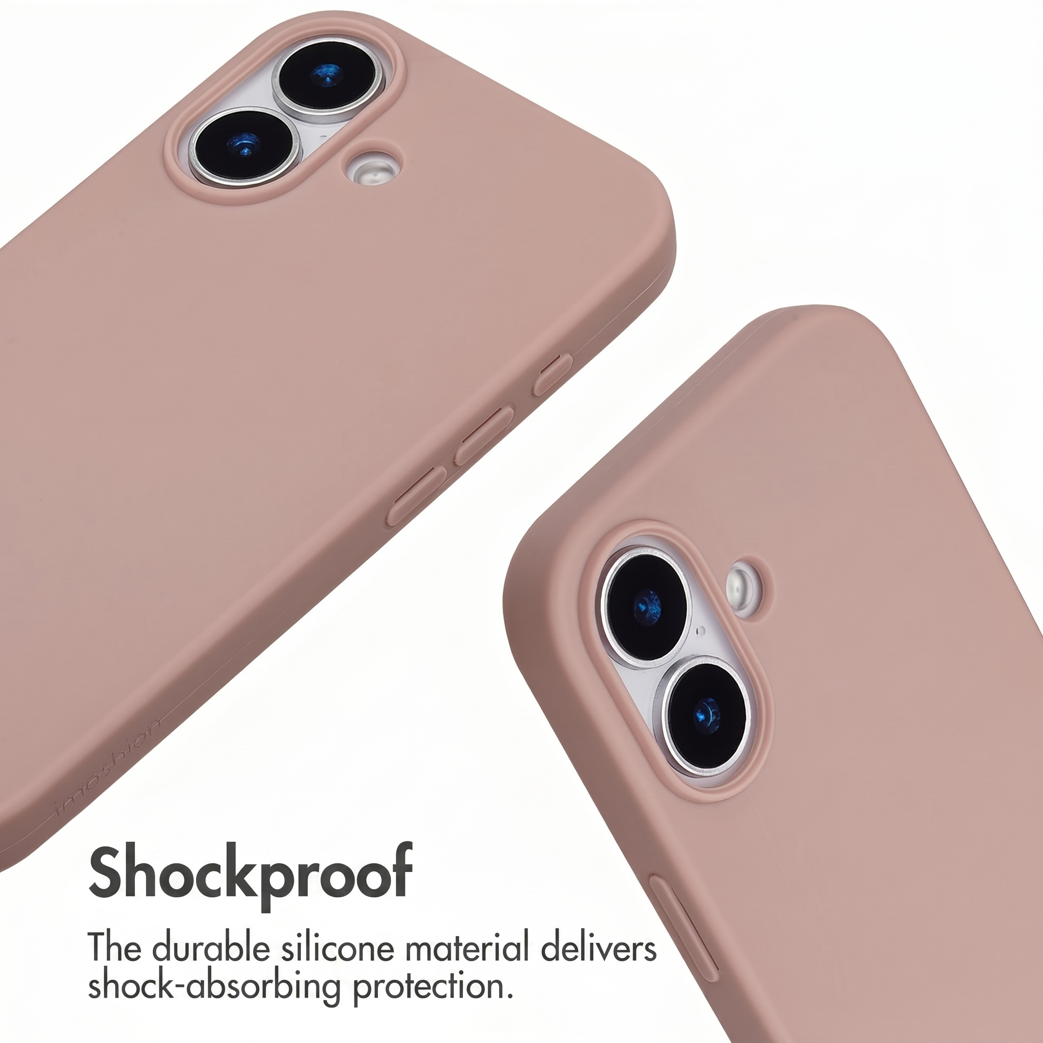 Due custodie per cellulare in silicone rosa con fotocamera doppia e testo.