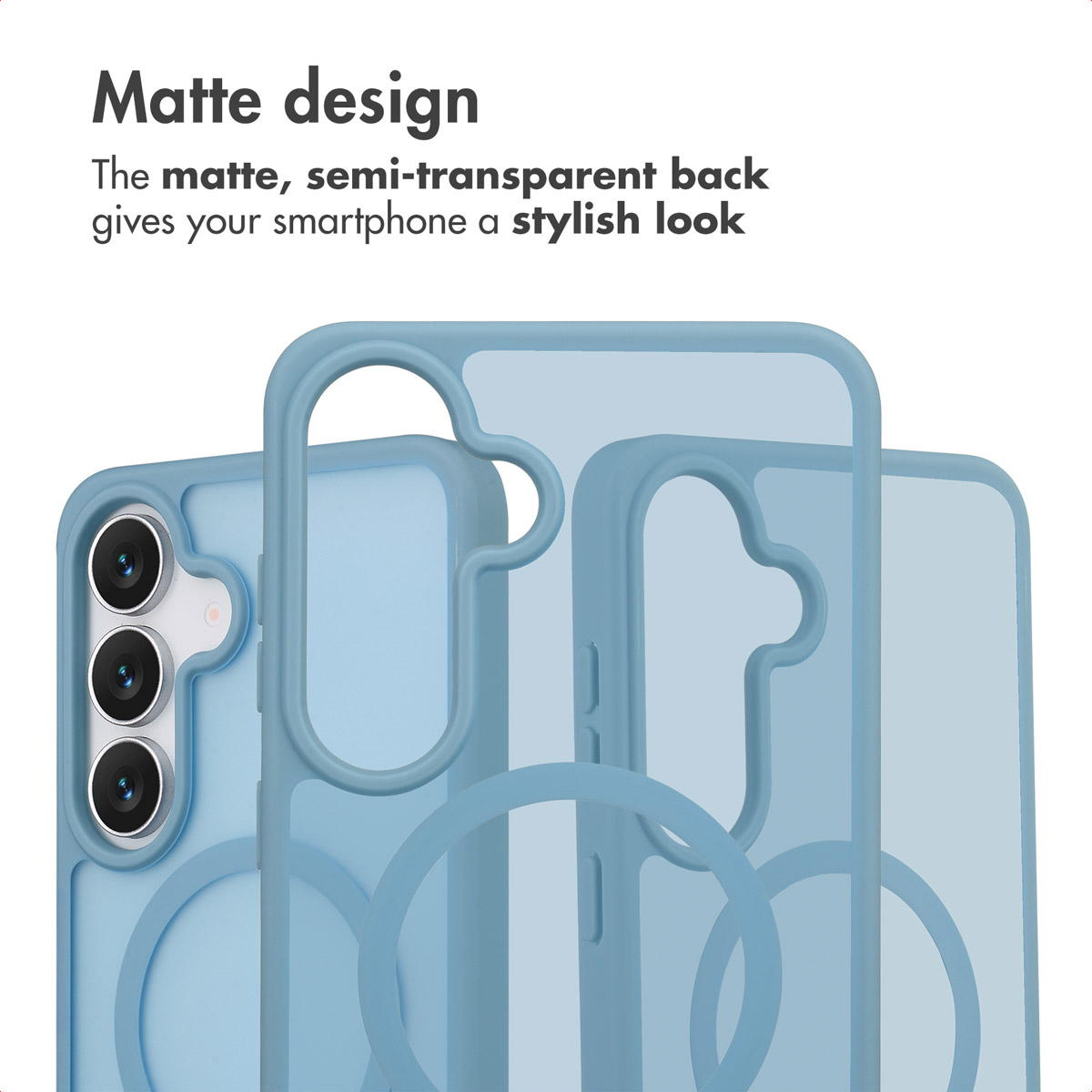 Matte, halfdoorzichtige blauwe smartphonehoes met camera-uitsparingen en oplaadring.