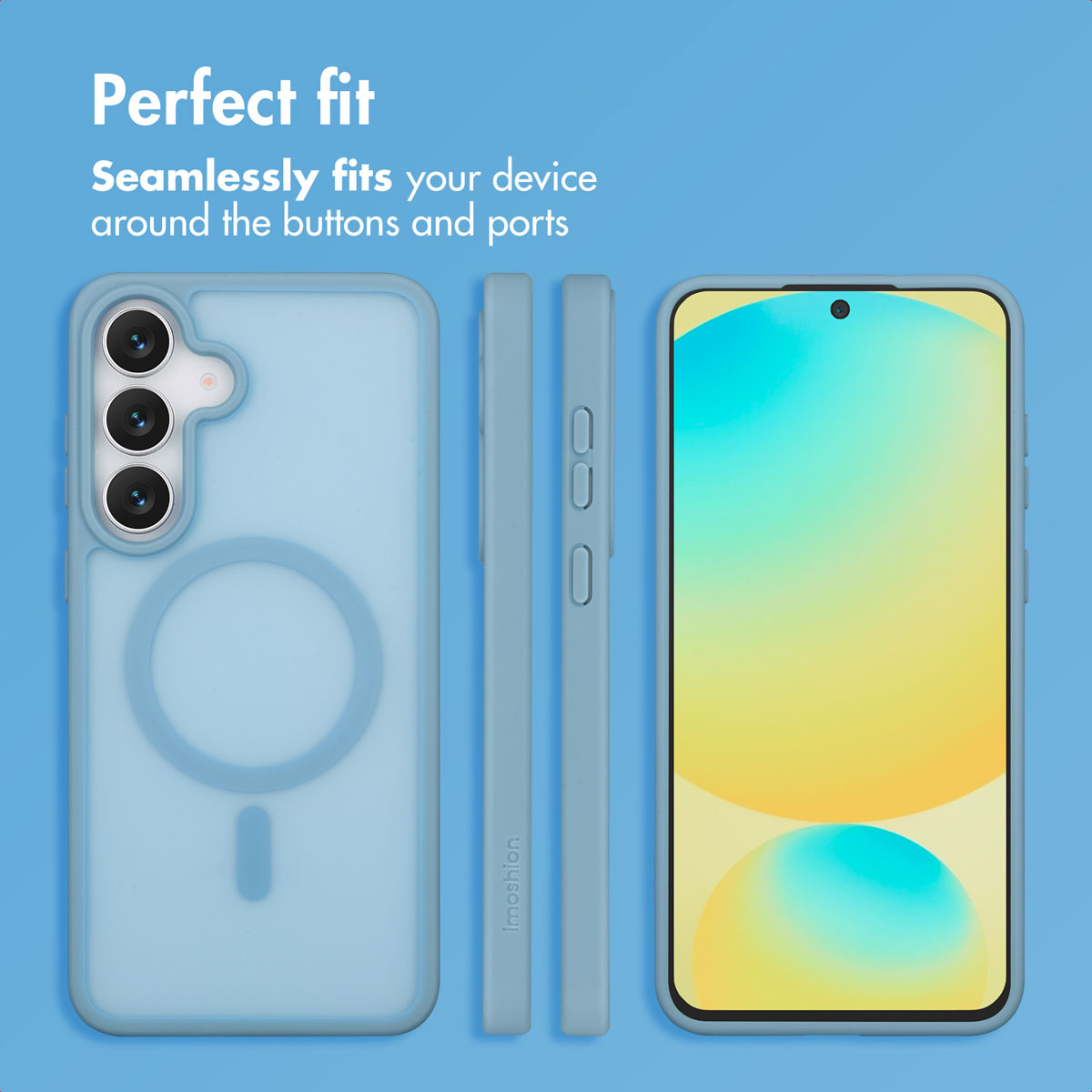 Blauwe smartphonehoes toont achterkant, zijkanten en voorkant met display op blauwe achtergrond.