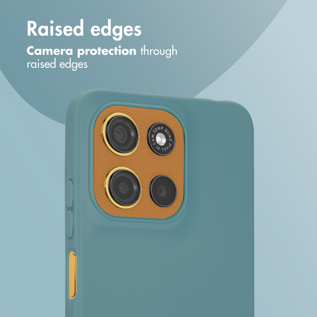 Una funda azul para smartphone con módulo de cámara marrón y bordes elevados.