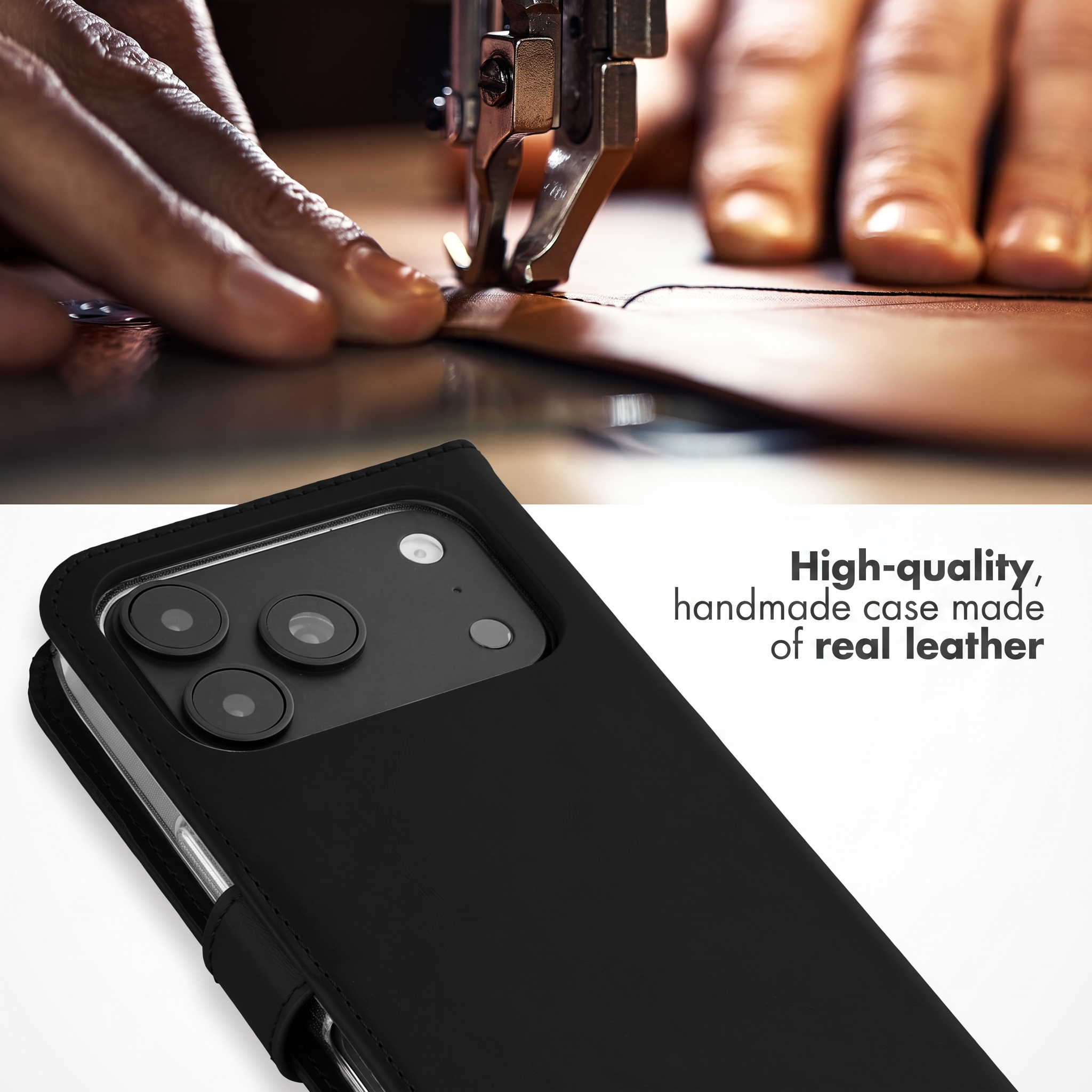 A sewing machine stitching leather above a black leather phone case with text on the right.