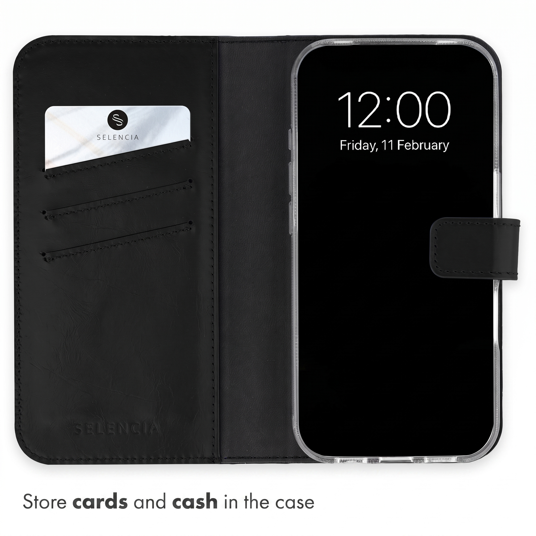 A black leather smartphone wallet case with card slots, holding a white card and displaying the time.