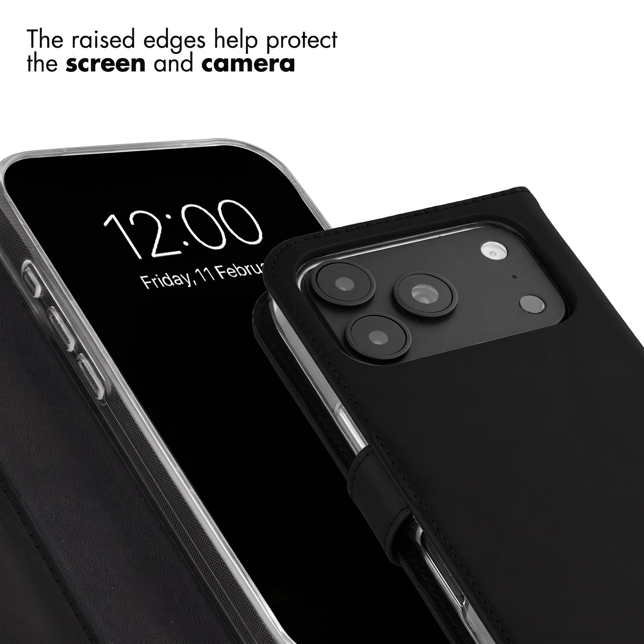 Raised edges help protect the screen and camera of a black smartphone in a case.