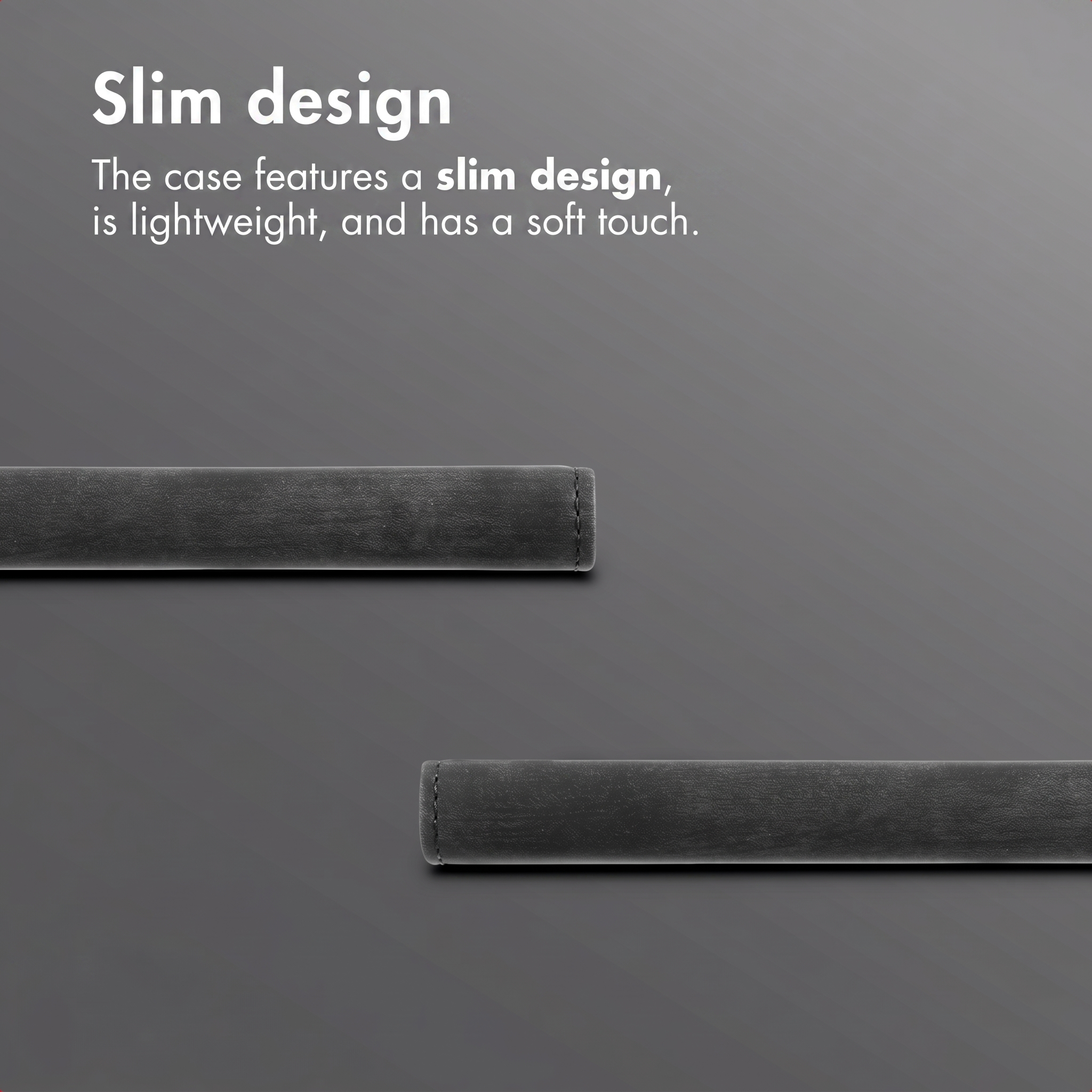 Graue Produktkanten vor dunklem Hintergrund zeigen ein schlankes Design mit Beschreibung.