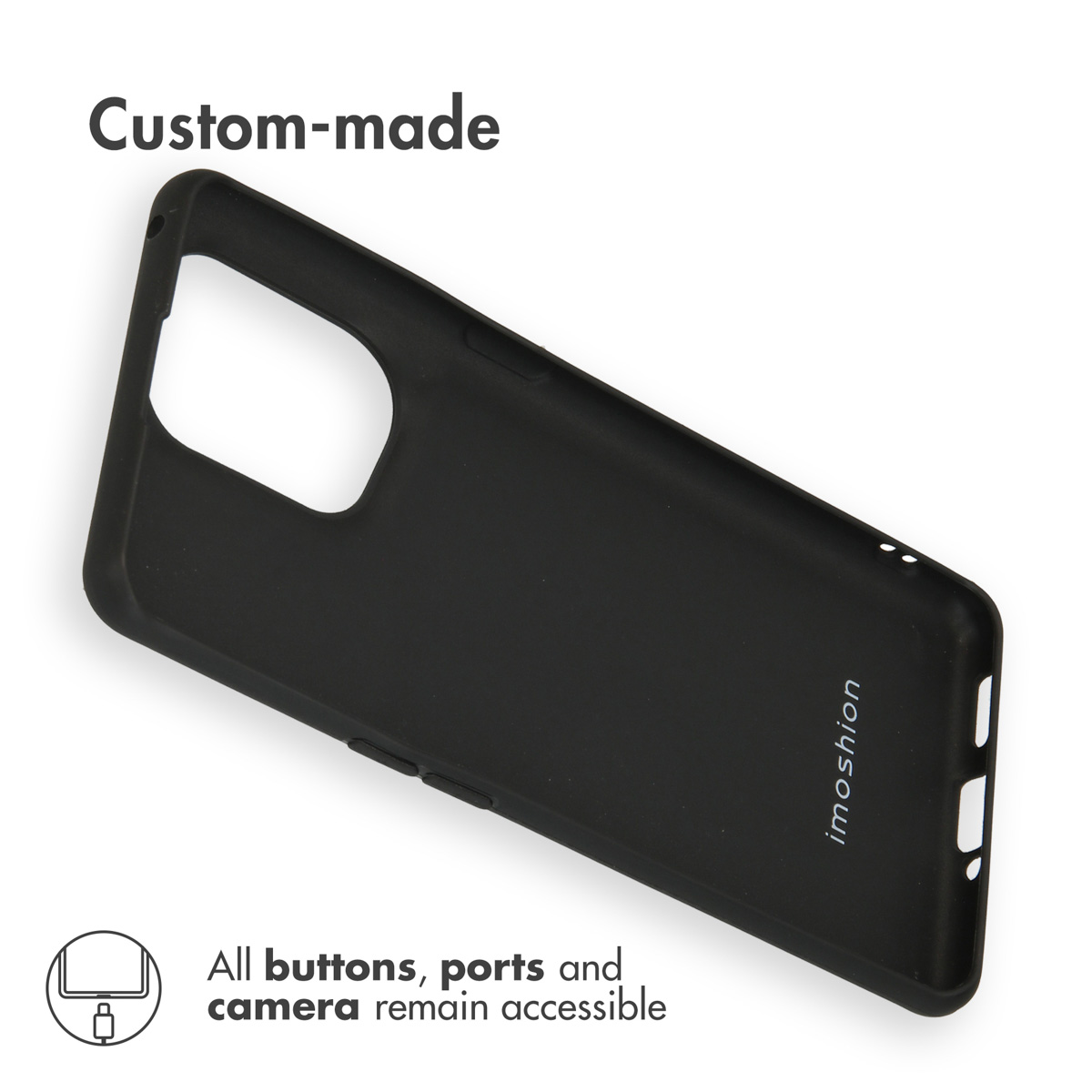 Una funda protectora de smartphone negra hecha a medida sobre fondo blanco con texto y un icono.