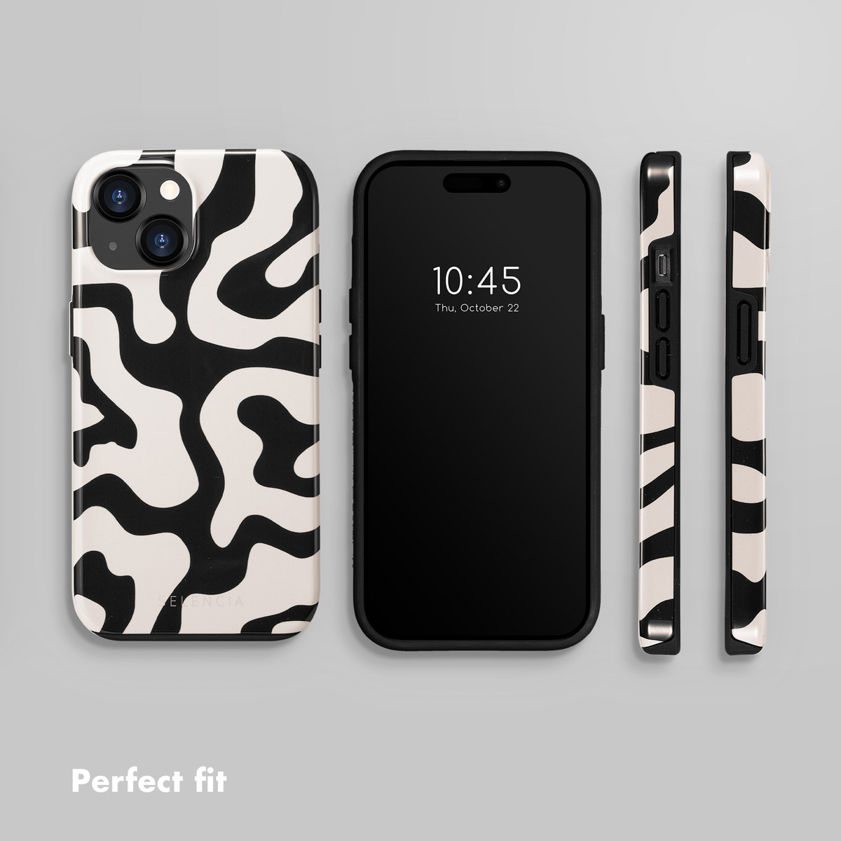 Smartphone in varie viste con motivo ondulato bianco e nero e la scritta Perfect fit.