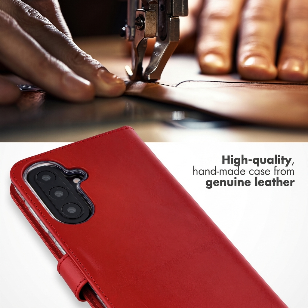 Handgemachte rote Handyhülle aus echtem Leder und Nähmaschine im Hintergrund.