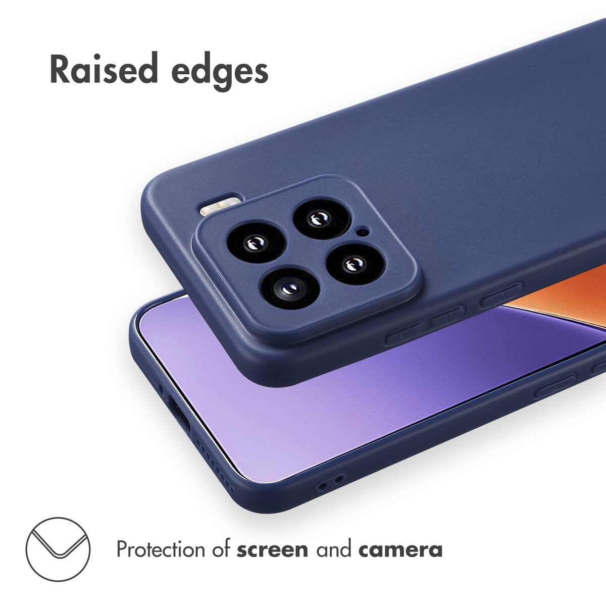 Funda de smartphone azul con bordes elevados para proteger pantalla y cámara.
