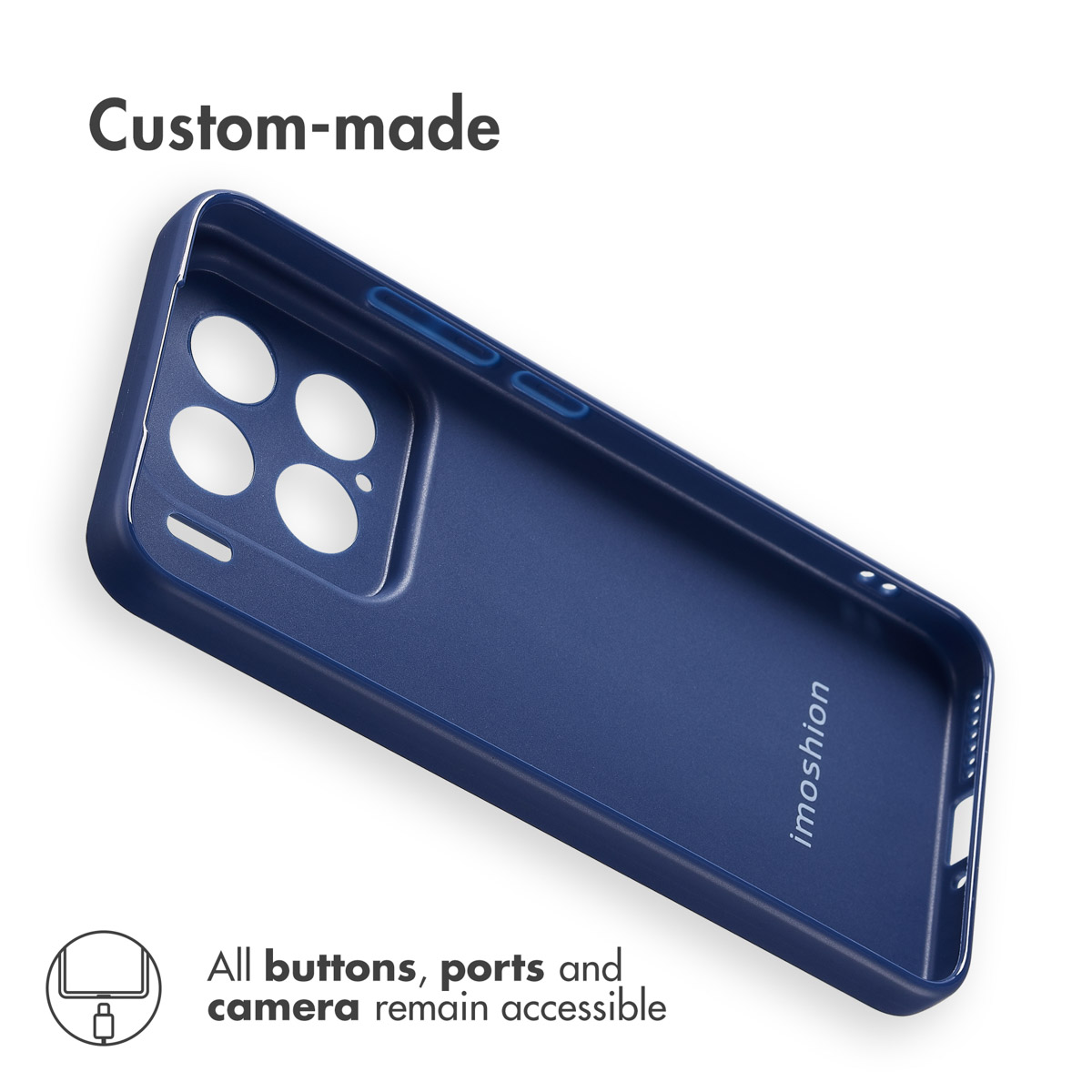 Una funda de smartphone azul oscuro con recortes precisos para la cámara y los puertos sobre fondo blanco.