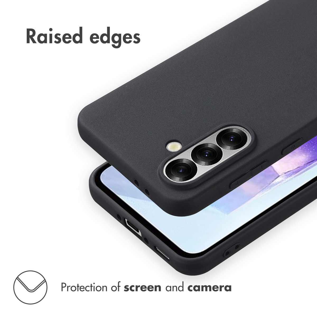 Custodia per cellulare nera con bordi rialzati per proteggere schermo e fotocamera.
