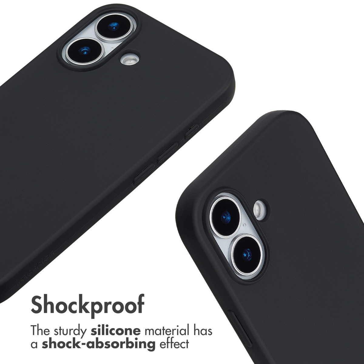 Due cover per telefono in silicone nero con doppia fotocamera e testo antiurto su sfondo bianco.
