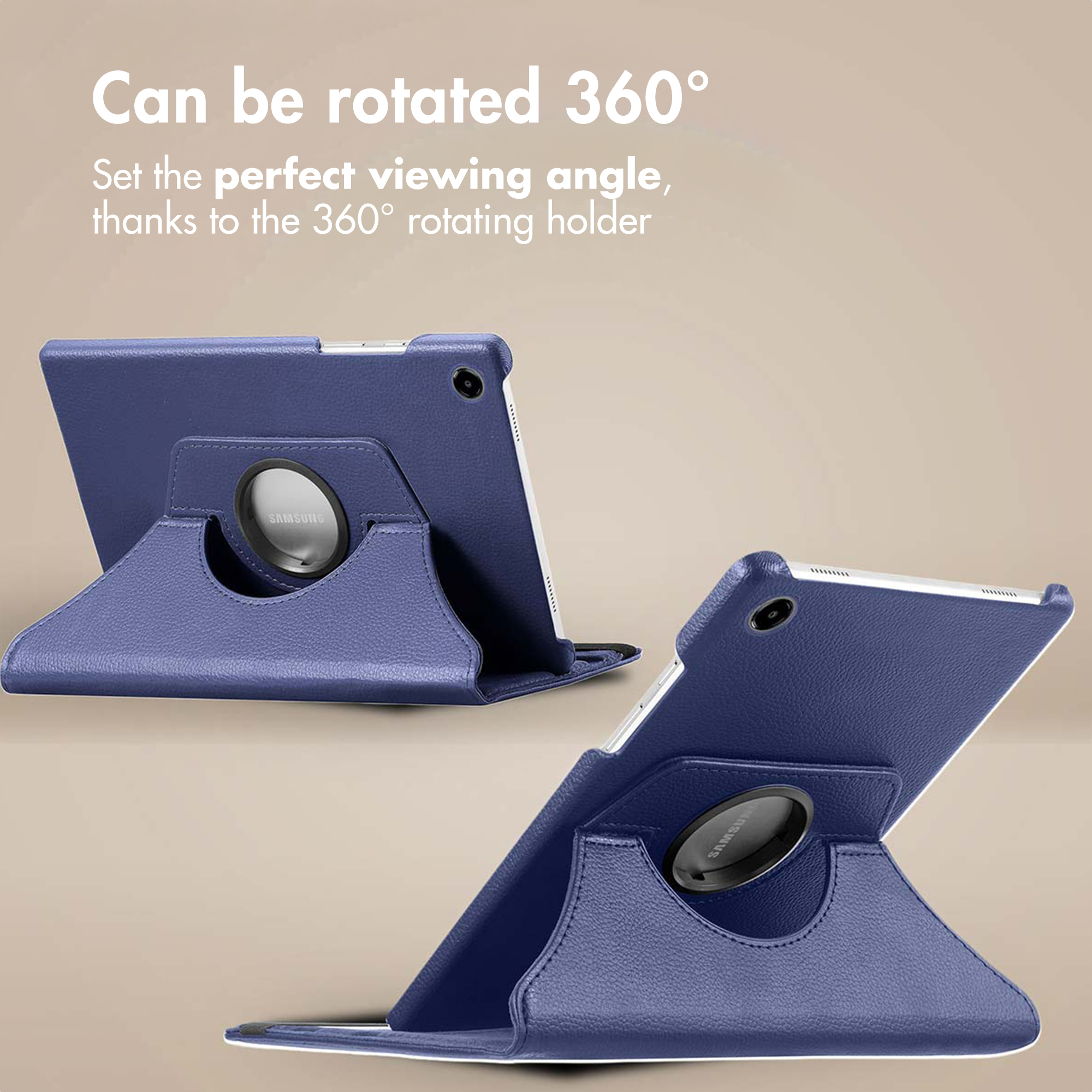 Custodia blu per tablet con supporto girevole a 360 gradi su sfondo beige.