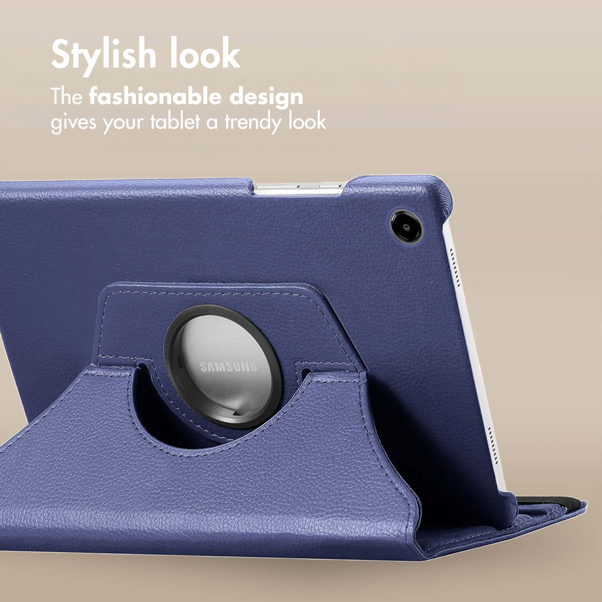 Custodia per tablet blu con supporto integrato e logo Samsung circolare su sfondo beige.