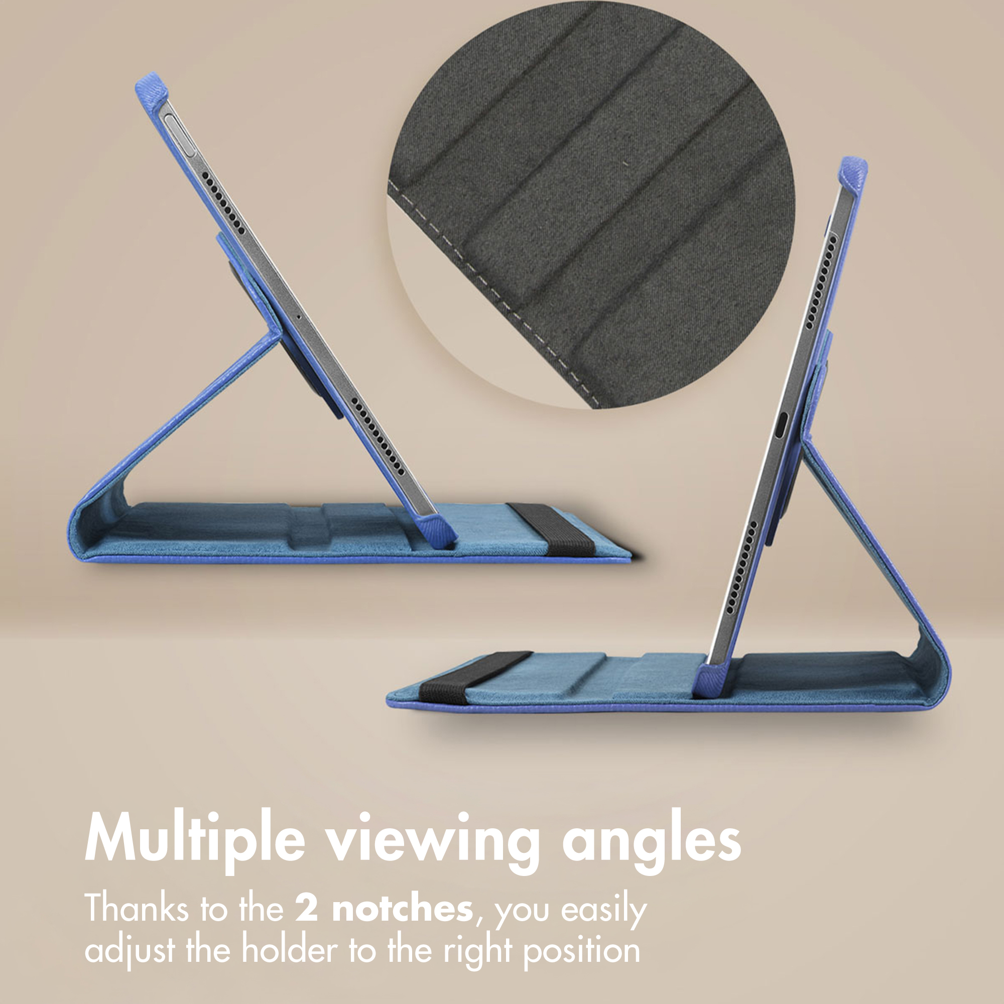 Tablet in una custodia blu che mostra due angolazioni su sfondo beige.