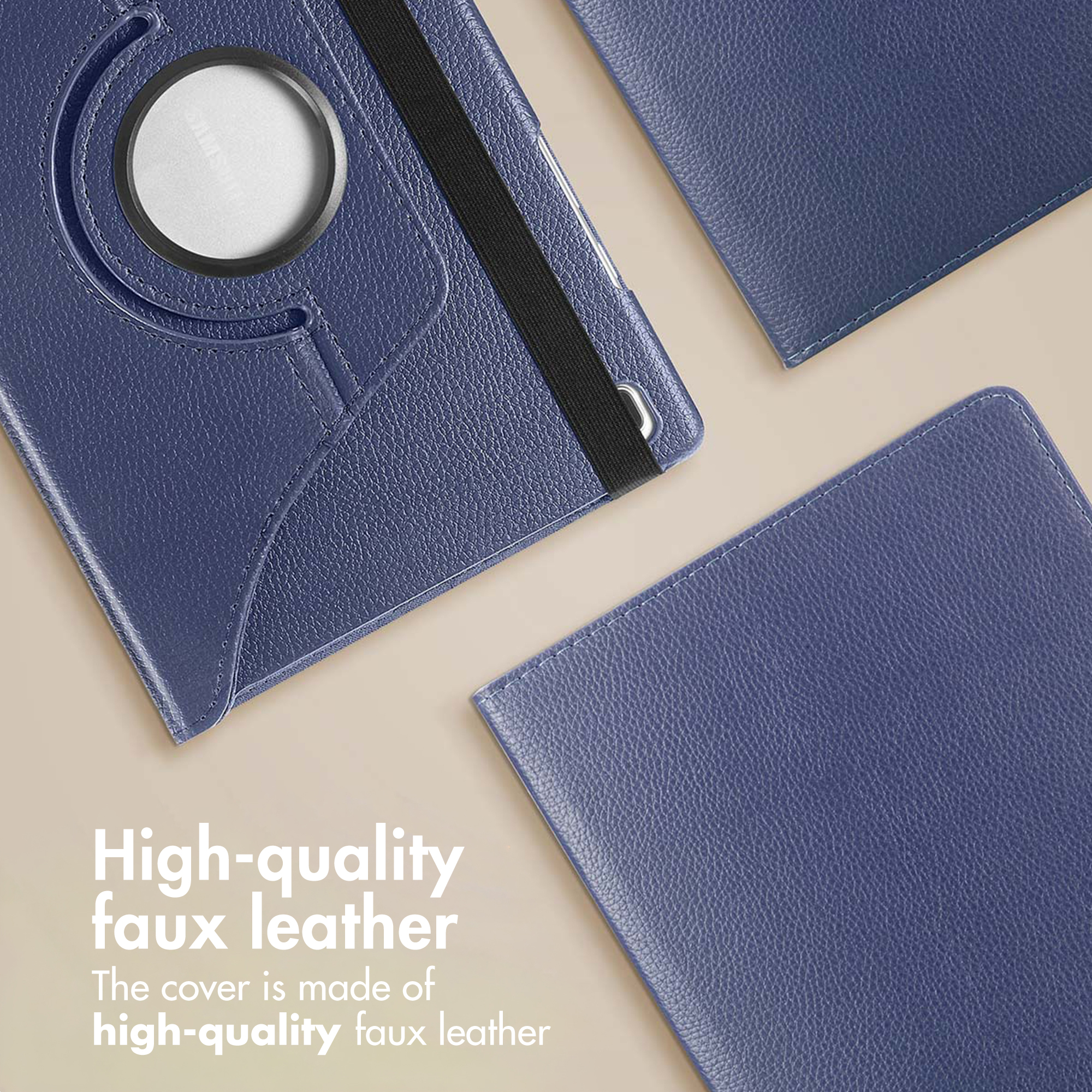 Custodie per tablet in ecopelle blu su sfondo beige, con testo sulla loro qualità.