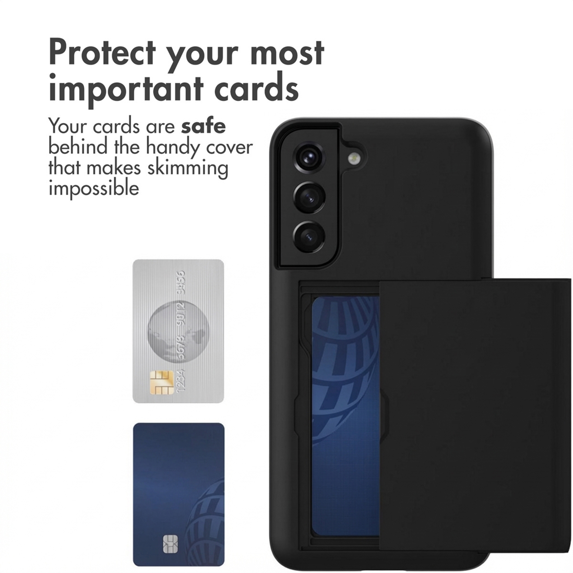 Coque de téléphone noire avec fente pour carte et deux cartes à côté.