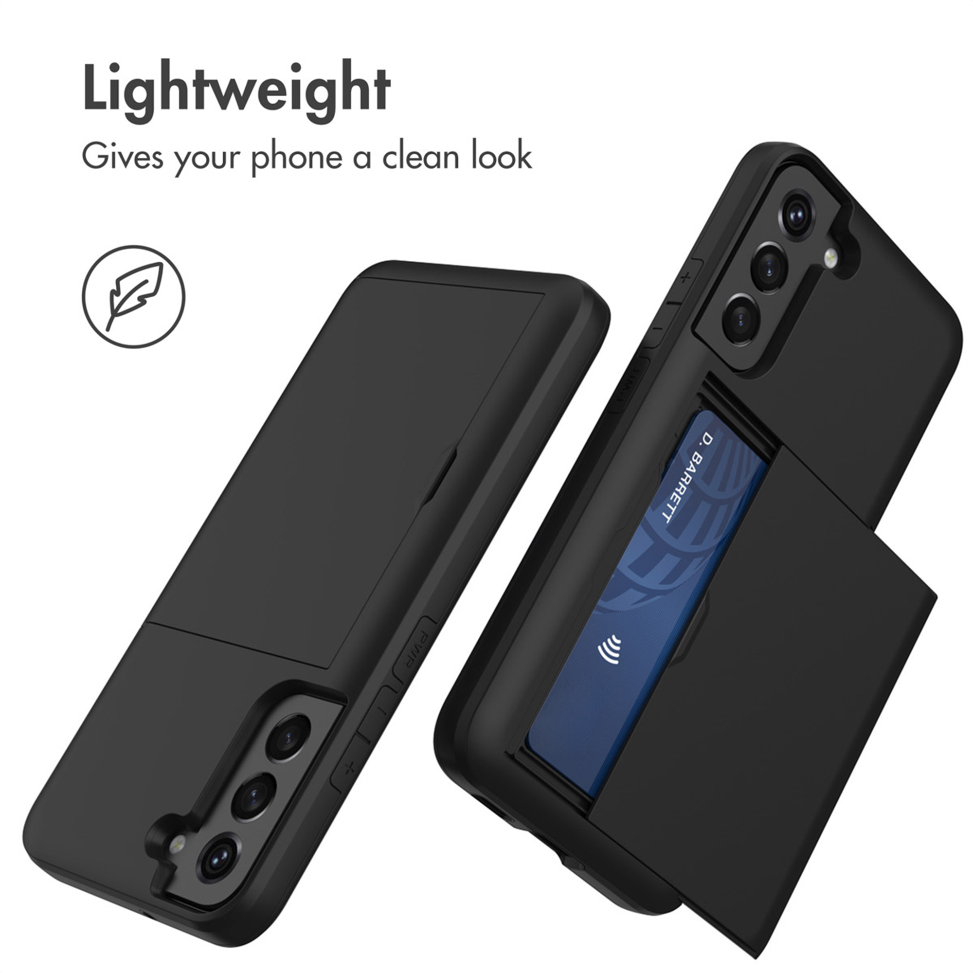 Coque de smartphone noire et légère avec un porte-cartes à l'arrière.